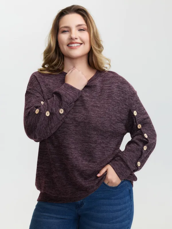 Heather Button Detail Overlap Sleeve Sweatshirt sold by Bloomchic
