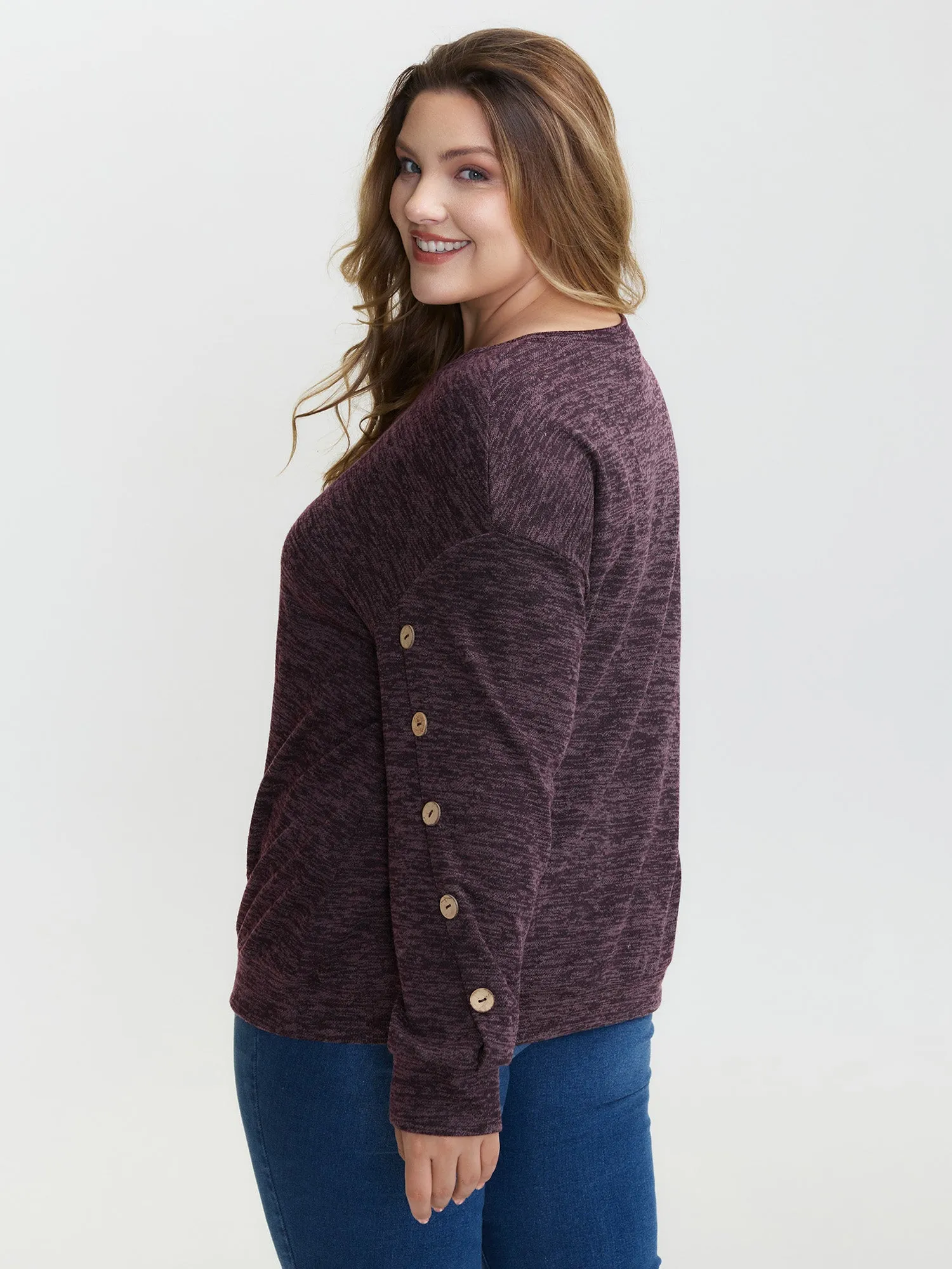 Heather Button Detail Overlap Sleeve Sweatshirt sold by Bloomchic product image thumbnail 5