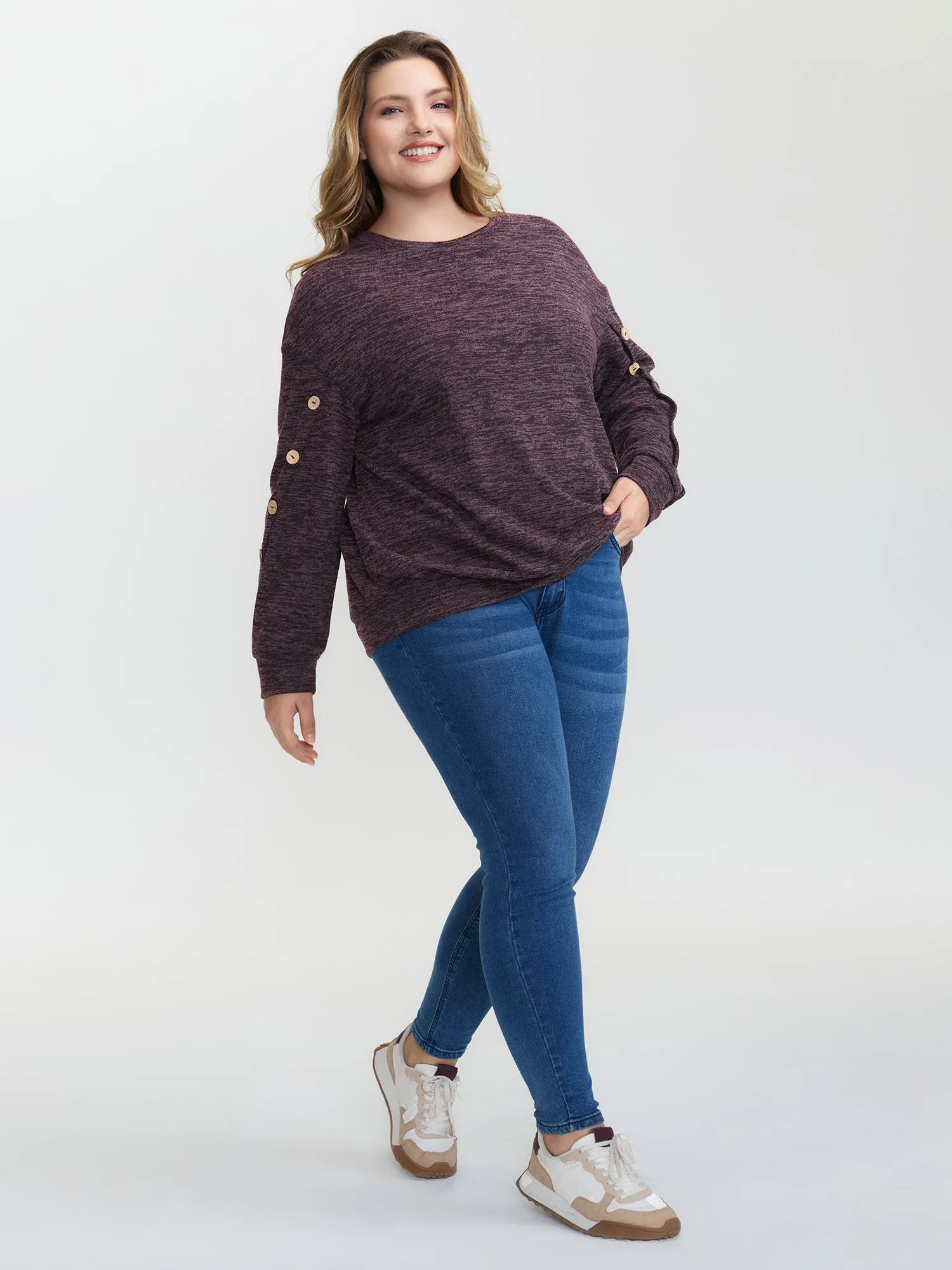 Heather Button Detail Overlap Sleeve Sweatshirt sold by Bloomchic product image thumbnail 3