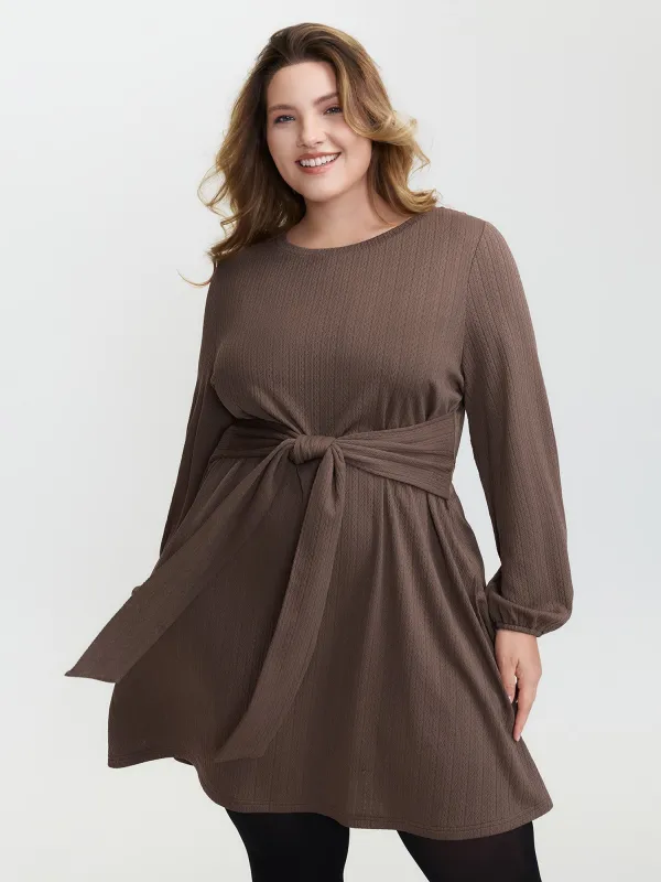 Textured Wide Waist-Tie Knee-Length Dress sold by Bloomchic