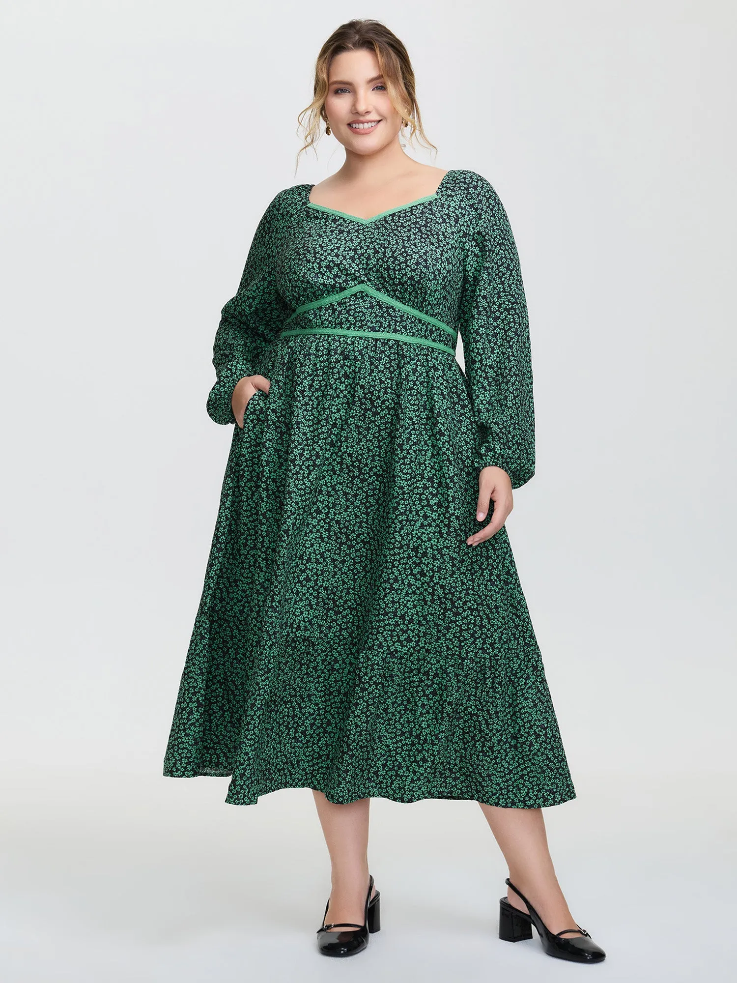 Floral Lace Trim Cinched-Waist Maxi Dress sold by Bloomchic