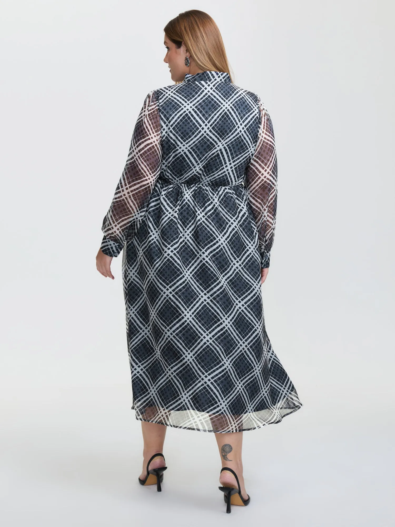 Plaid Print Sheer Mesh Neck Tie Midi Dress sold by Bloomchic product image thumbnail 4