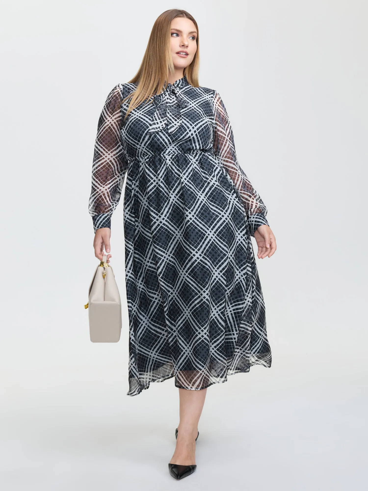 Plaid Print Sheer Mesh Neck Tie Midi Dress sold by Bloomchic product image thumbnail 3