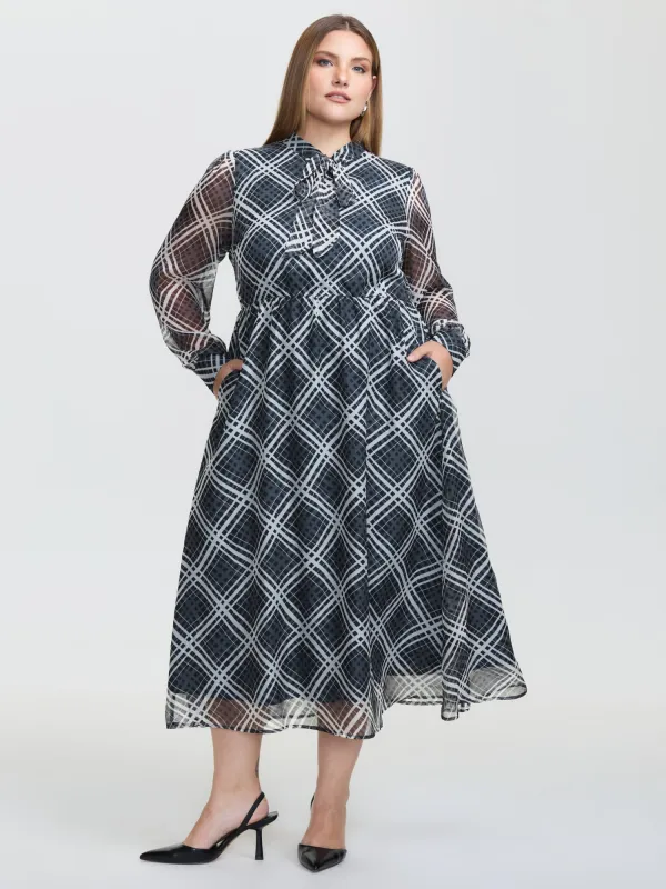 Plaid Print Sheer Mesh Neck Tie Midi Dress sold by Bloomchic