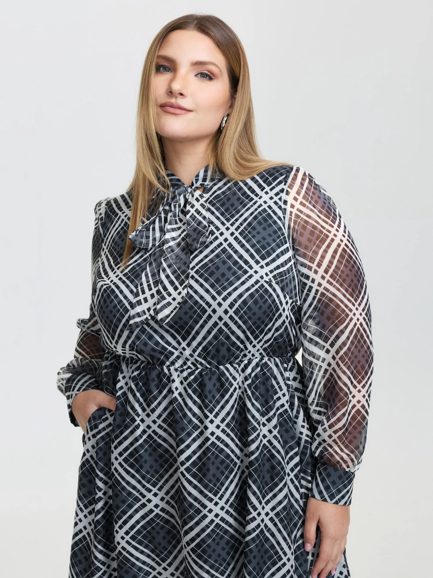 Plaid Print Sheer Mesh Neck Tie Midi Dress sold by Bloomchic product image thumbnail 2