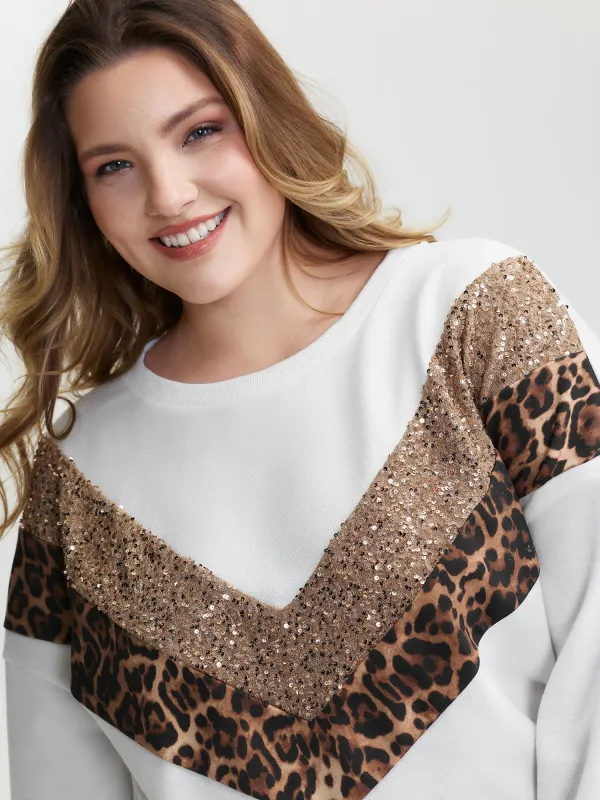 Leopard Print Sequin Contrast Sweatshirt sold by Bloomchic