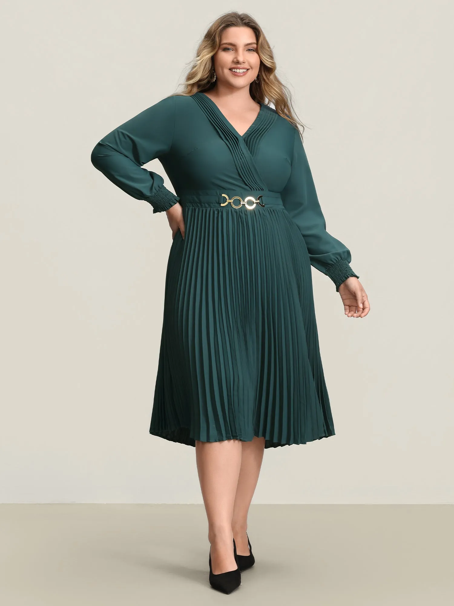 Pleated Wrap Neckline Shirred Waist Midi Dress sold by Bloomchic