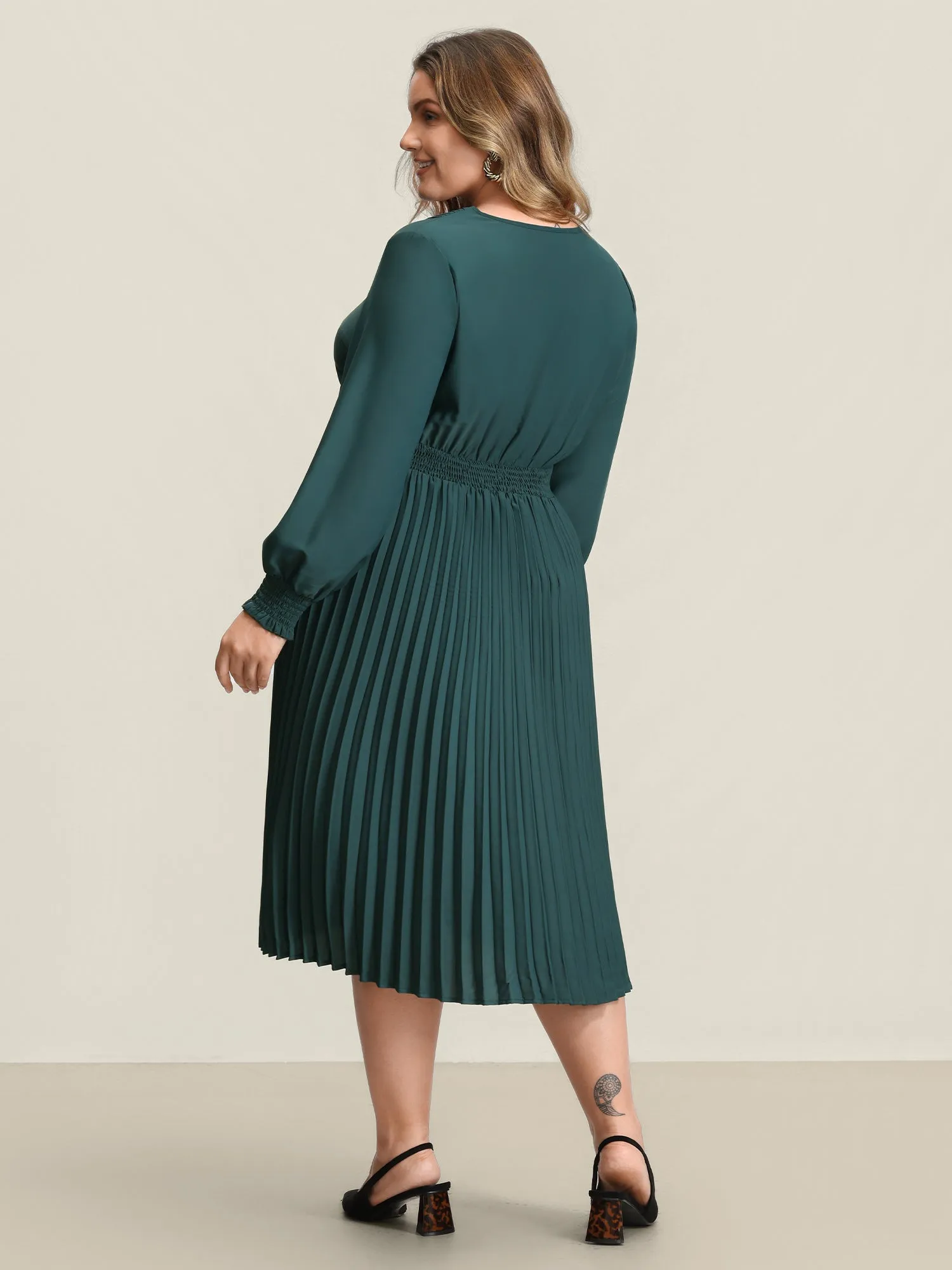 Pleated Wrap Neckline Shirred Waist Midi Dress sold by Bloomchic product image thumbnail 4
