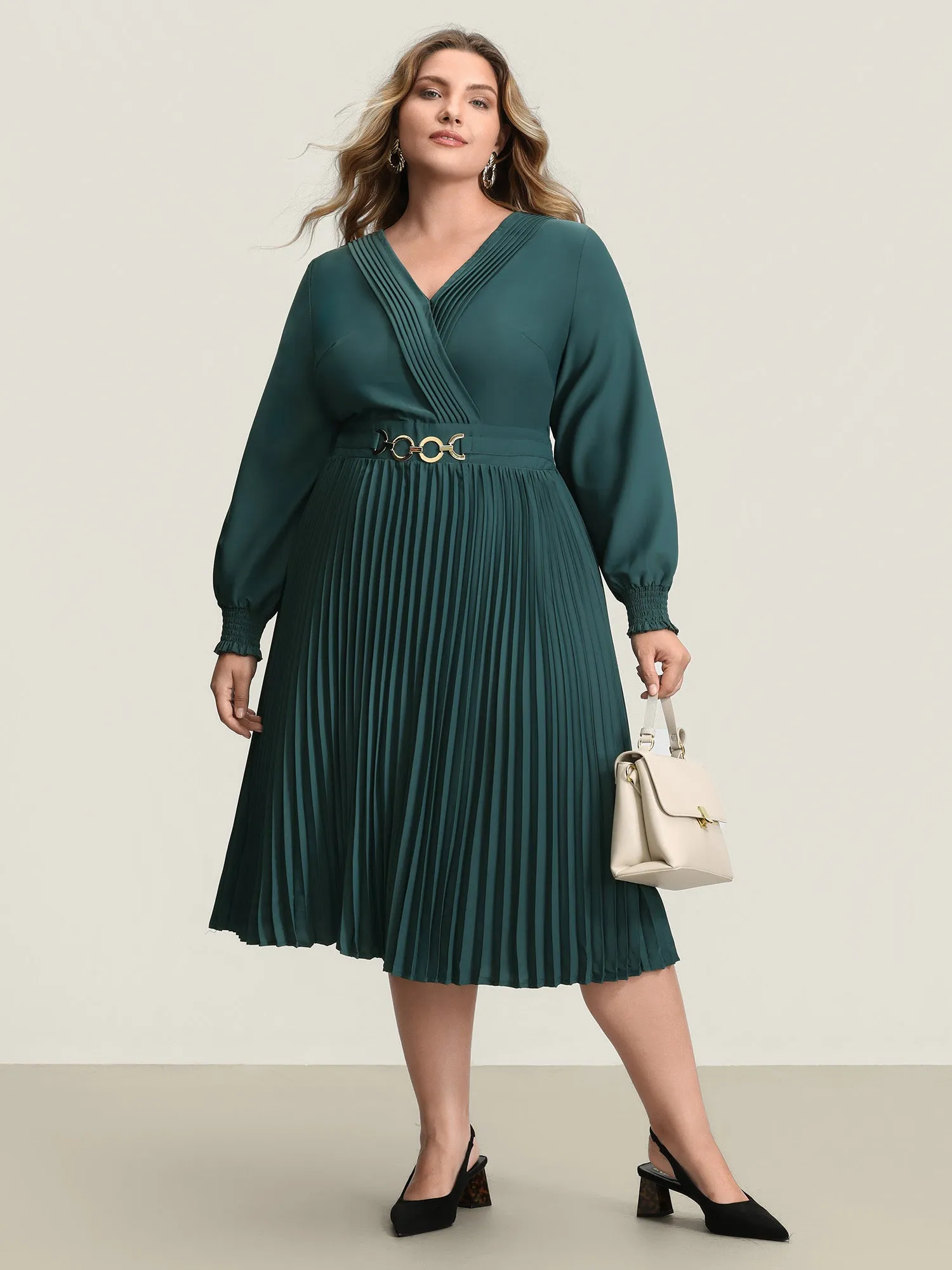 Pleated Wrap Neckline Shirred Waist Midi Dress sold by Bloomchic product image thumbnail 3