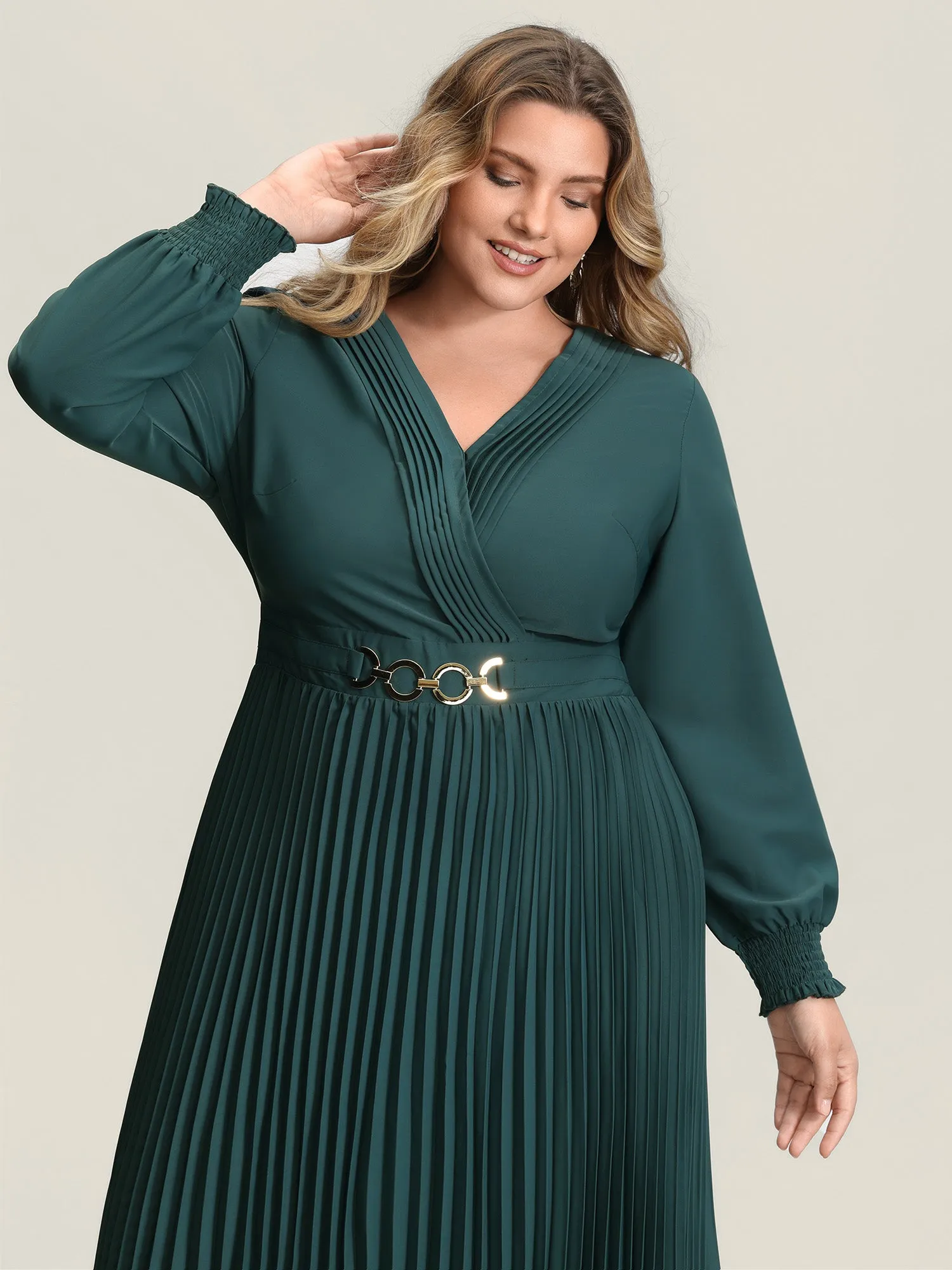 Pleated Wrap Neckline Shirred Waist Midi Dress sold by Bloomchic product image thumbnail 2