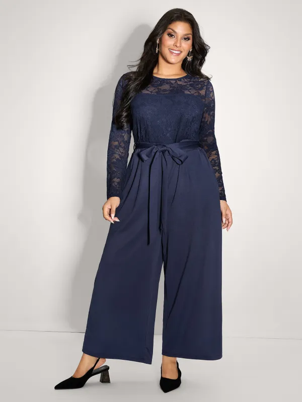 Sheer Lace Trim Belted Pockets Jumpsuit sold by Bloomchic