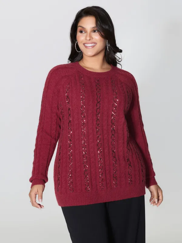 Cable Knit Textured Sequin Embroidered Pullover sold by Bloomchic