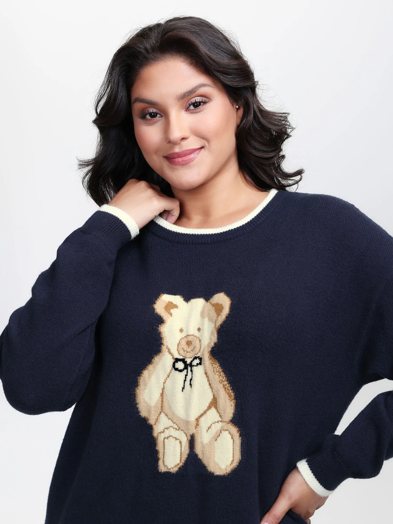 Bear Motif Jacquard Color Contrast Pullover sold by Bloomchic