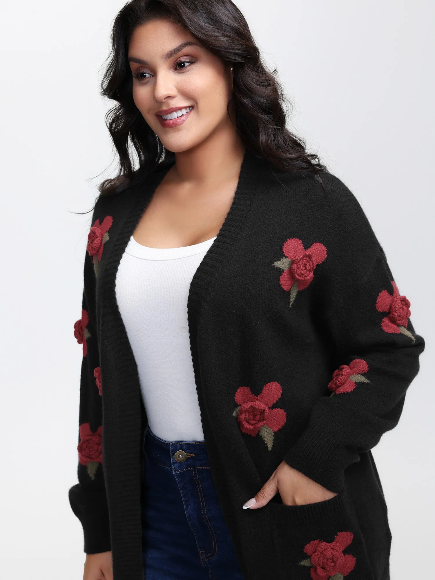 3D Floral Pattern Pockets Knit Cardigan sold by Bloomchic product image thumbnail 3