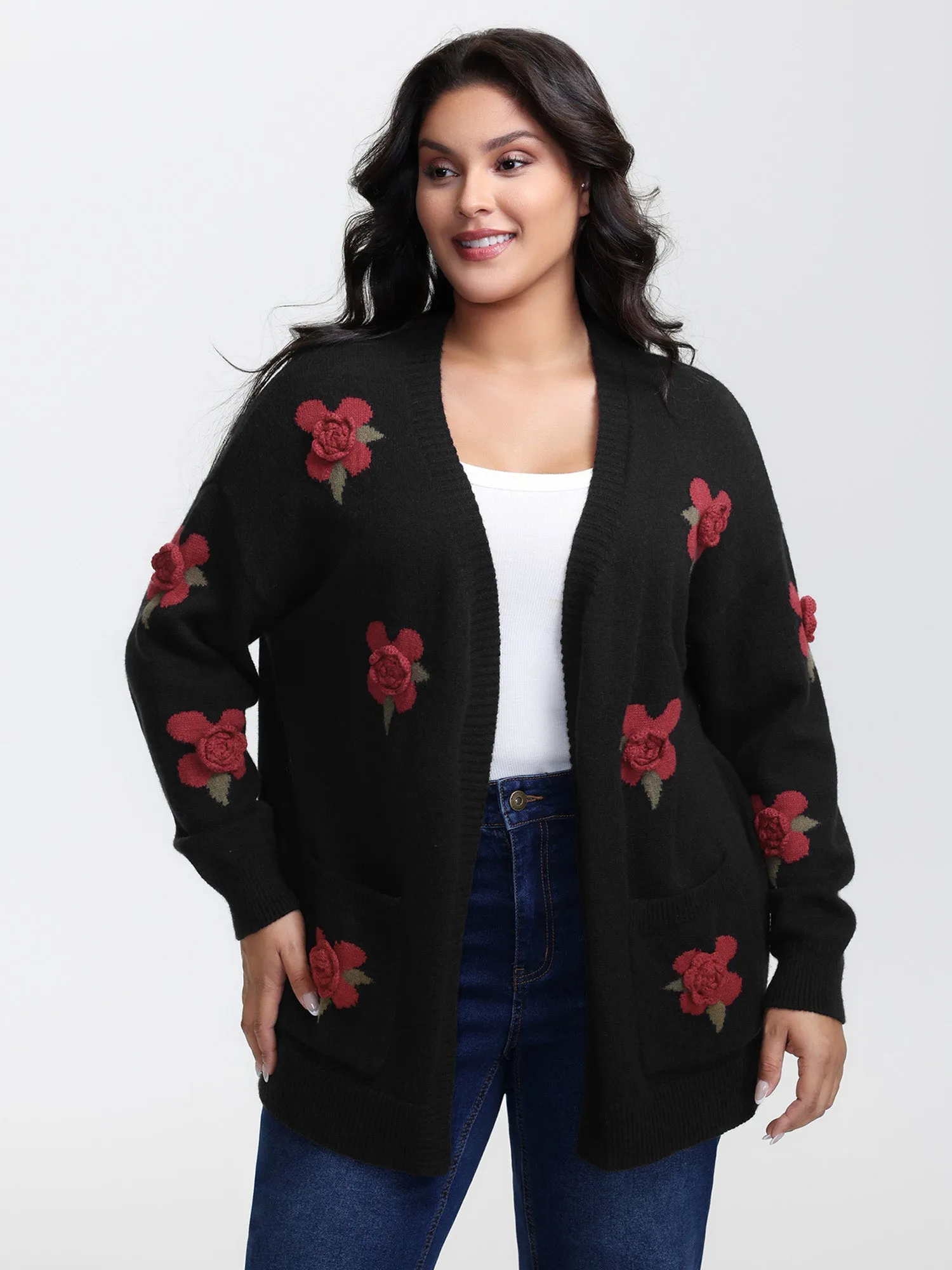 3D Floral Pattern Pockets Knit Cardigan sold by Bloomchic