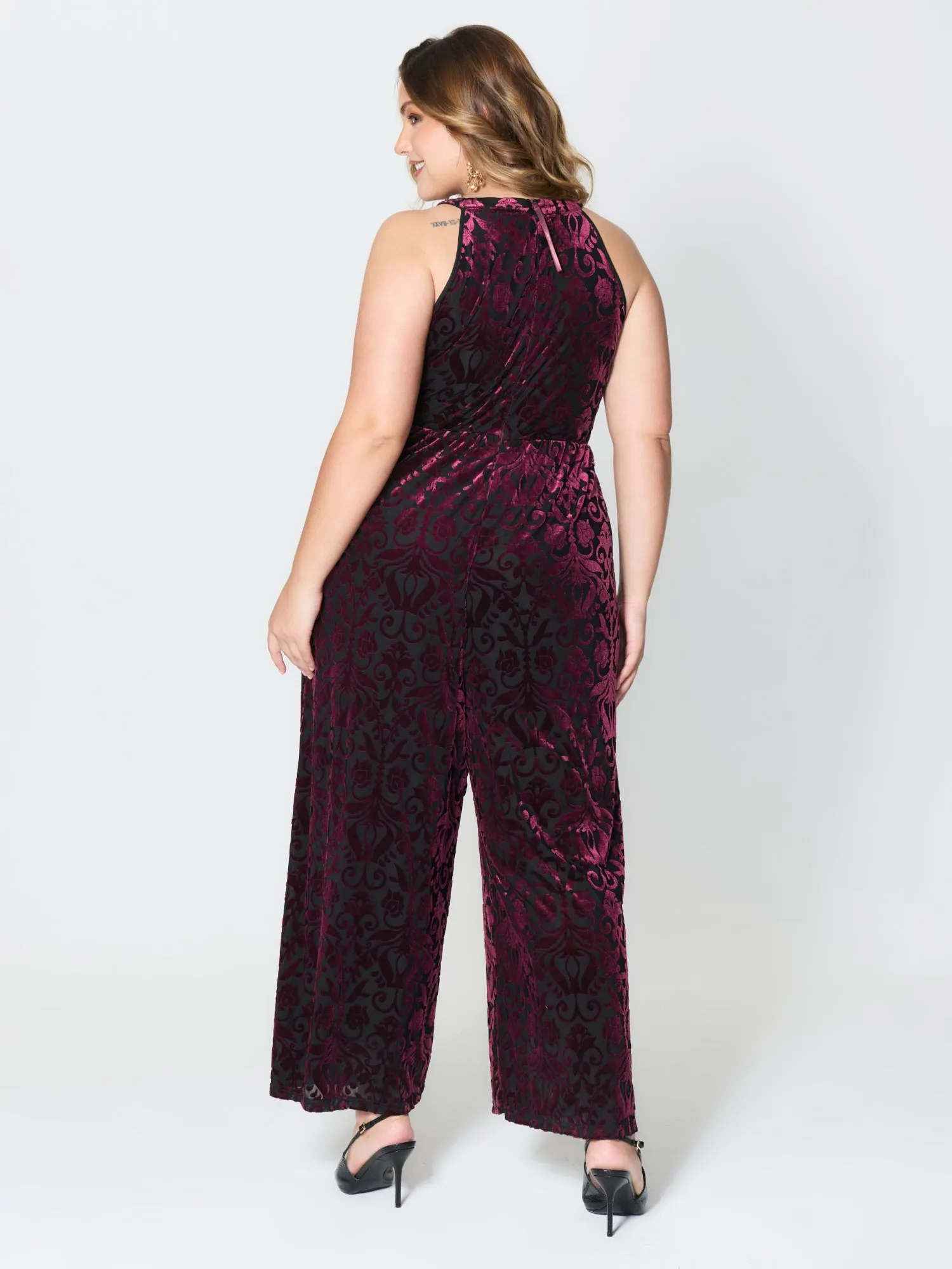 Velvet Laser Cut Lined Wide-Leg Jumpsuit sold by Bloomchic product image thumbnail 4