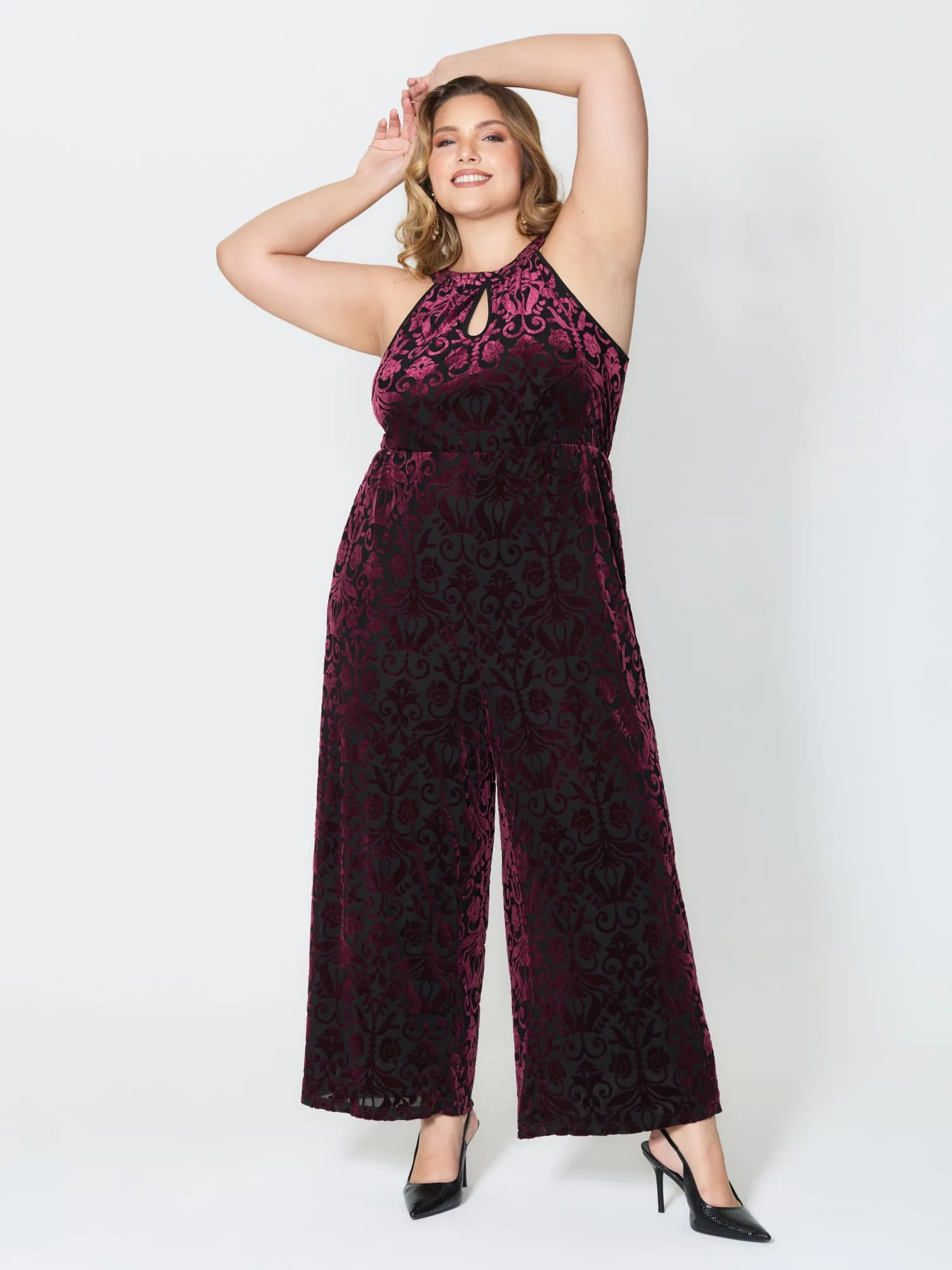 Velvet Laser Cut Lined Wide-Leg Jumpsuit sold by Bloomchic