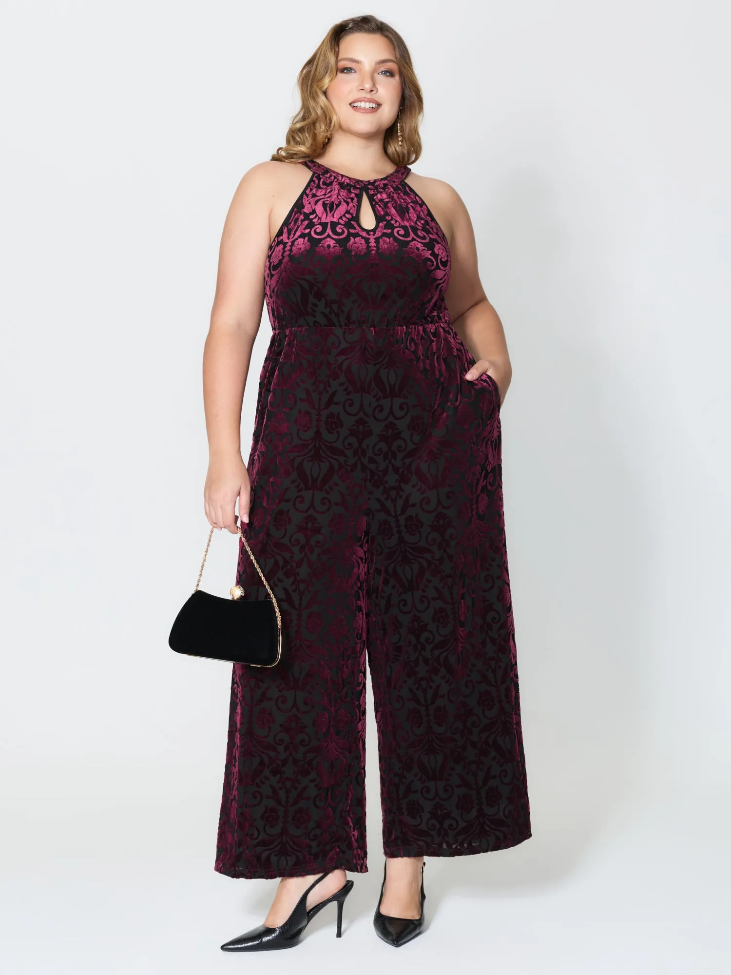 Velvet Laser Cut Lined Wide-Leg Jumpsuit sold by Bloomchic product image thumbnail 3