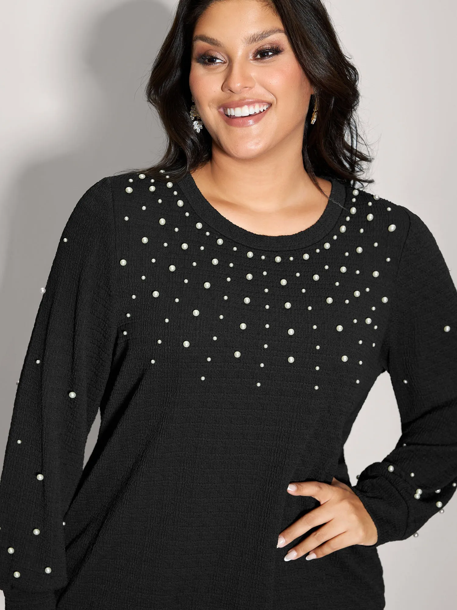 Beaded Round Neck Solid Sweatshirt sold by Bloomchic product image thumbnail 2