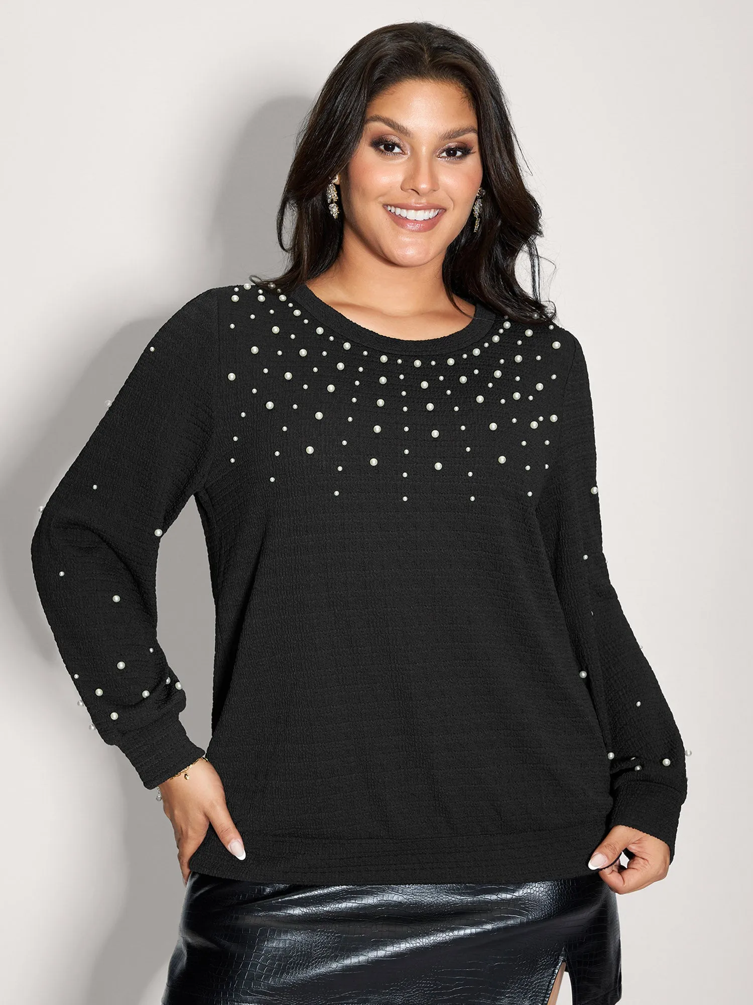 Beaded Round Neck Solid Sweatshirt sold by Bloomchic