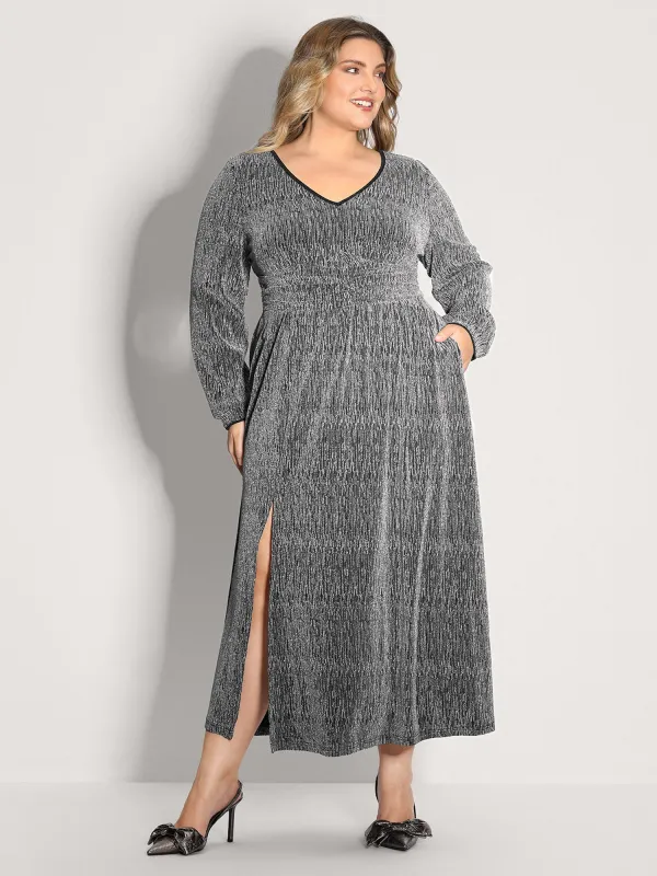 Lurex Side Slit Pleated Waist Maxi Dress sold by Bloomchic