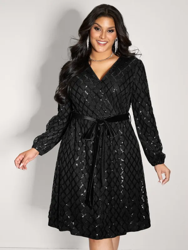 Sheer Sequin Belted Stretchy Waist Midi Dress sold by Bloomchic