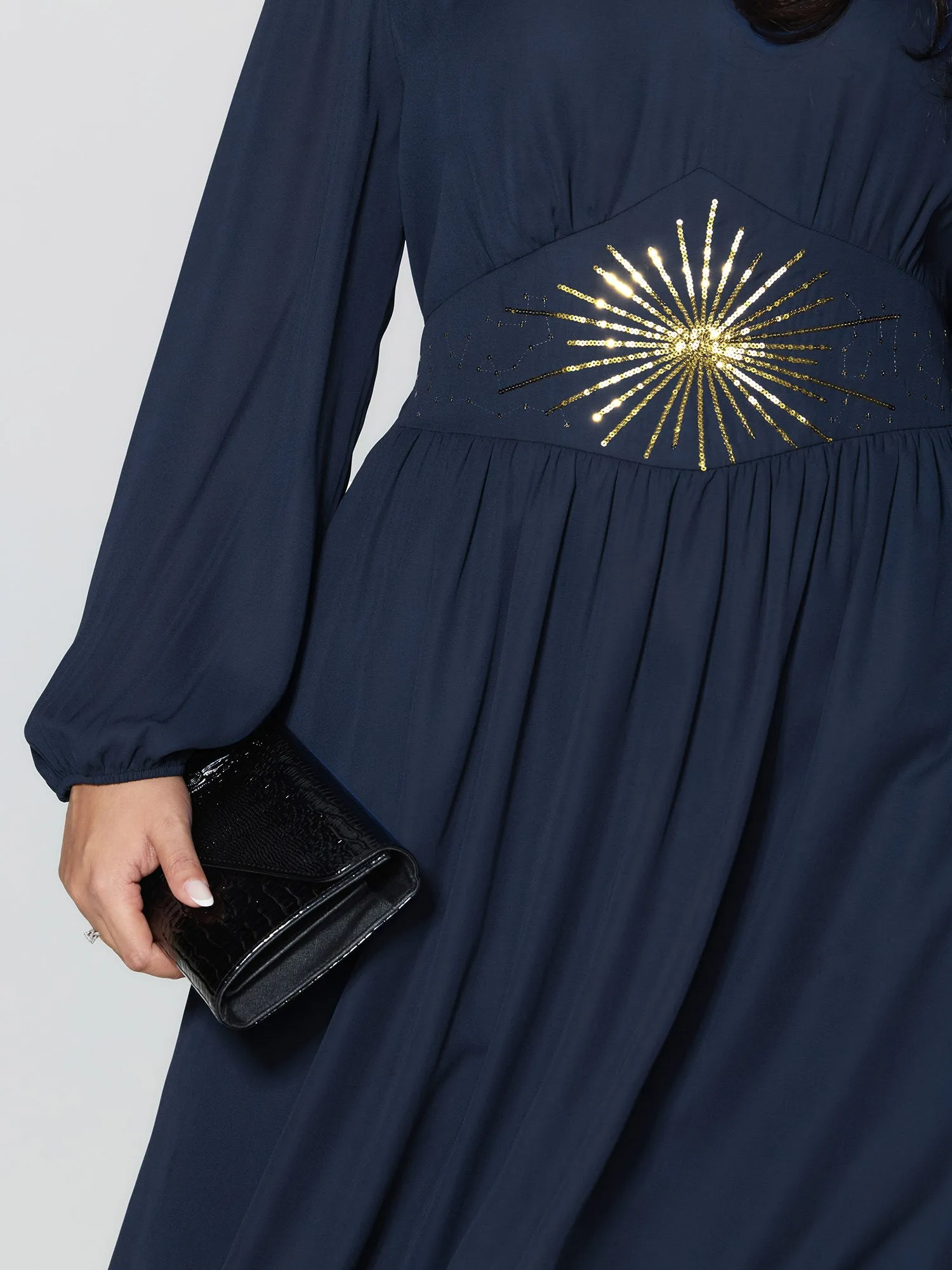 Gold Sequin Embroidery Sheer Shirred Midi Dress sold by Bloomchic product image thumbnail 4