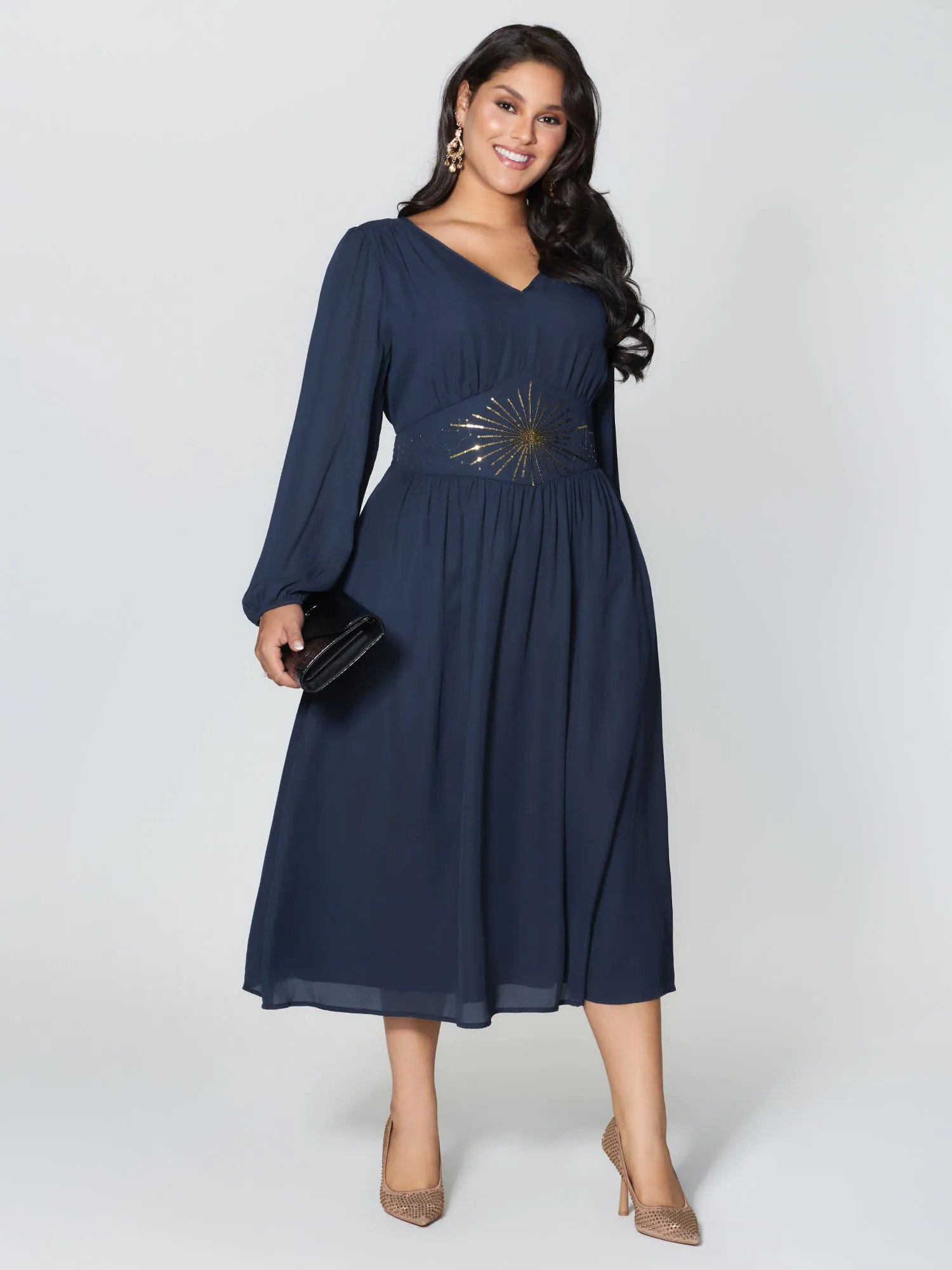 Gold Sequin Embroidery Sheer Shirred Midi Dress sold by Bloomchic product image thumbnail 3