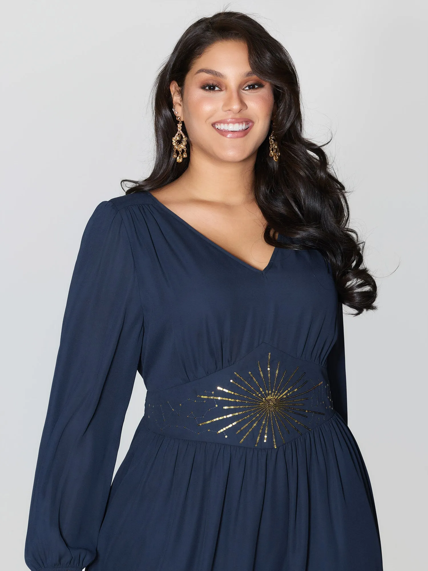 Gold Sequin Embroidery Sheer Shirred Midi Dress sold by Bloomchic product image thumbnail 2