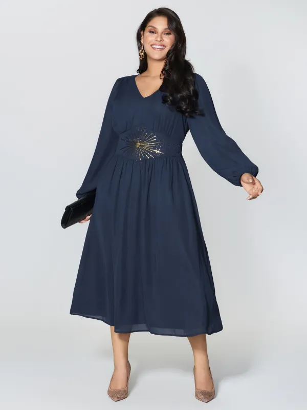 Gold Sequin Embroidery Sheer Shirred Midi Dress sold by Bloomchic