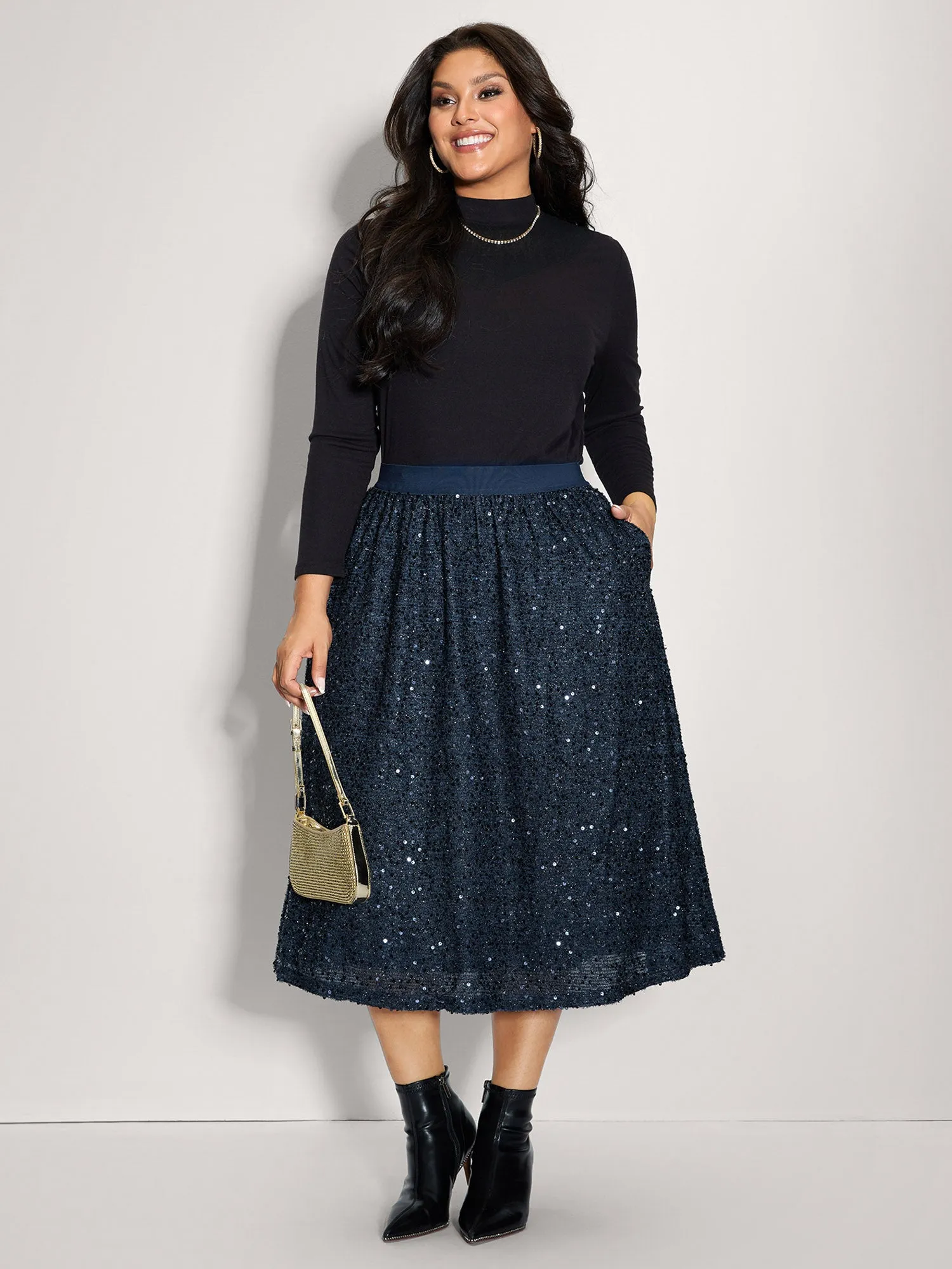 Shimmery Sequin Shirred Waist Midi Skirt sold by Bloomchic