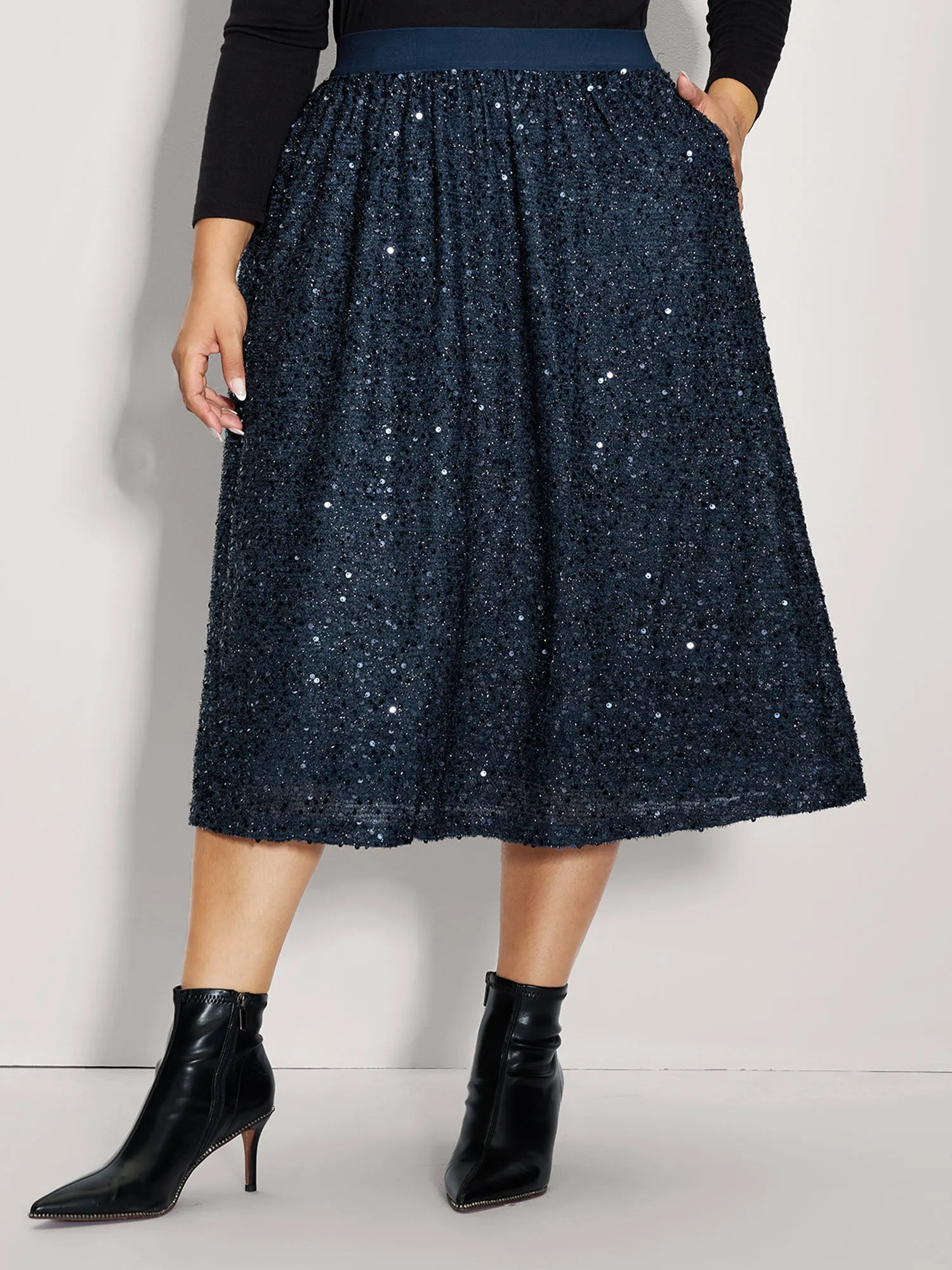 Shimmery Sequin Shirred Waist Midi Skirt sold by Bloomchic product image thumbnail 2