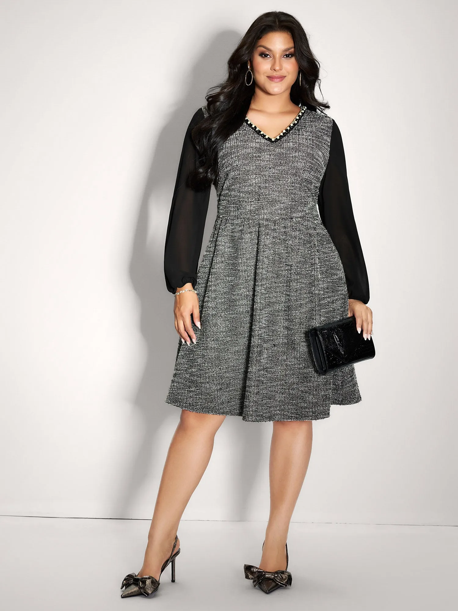 Tweed Pearl Collar Semi-Sheer Midi Dress sold by Bloomchic product image thumbnail 3