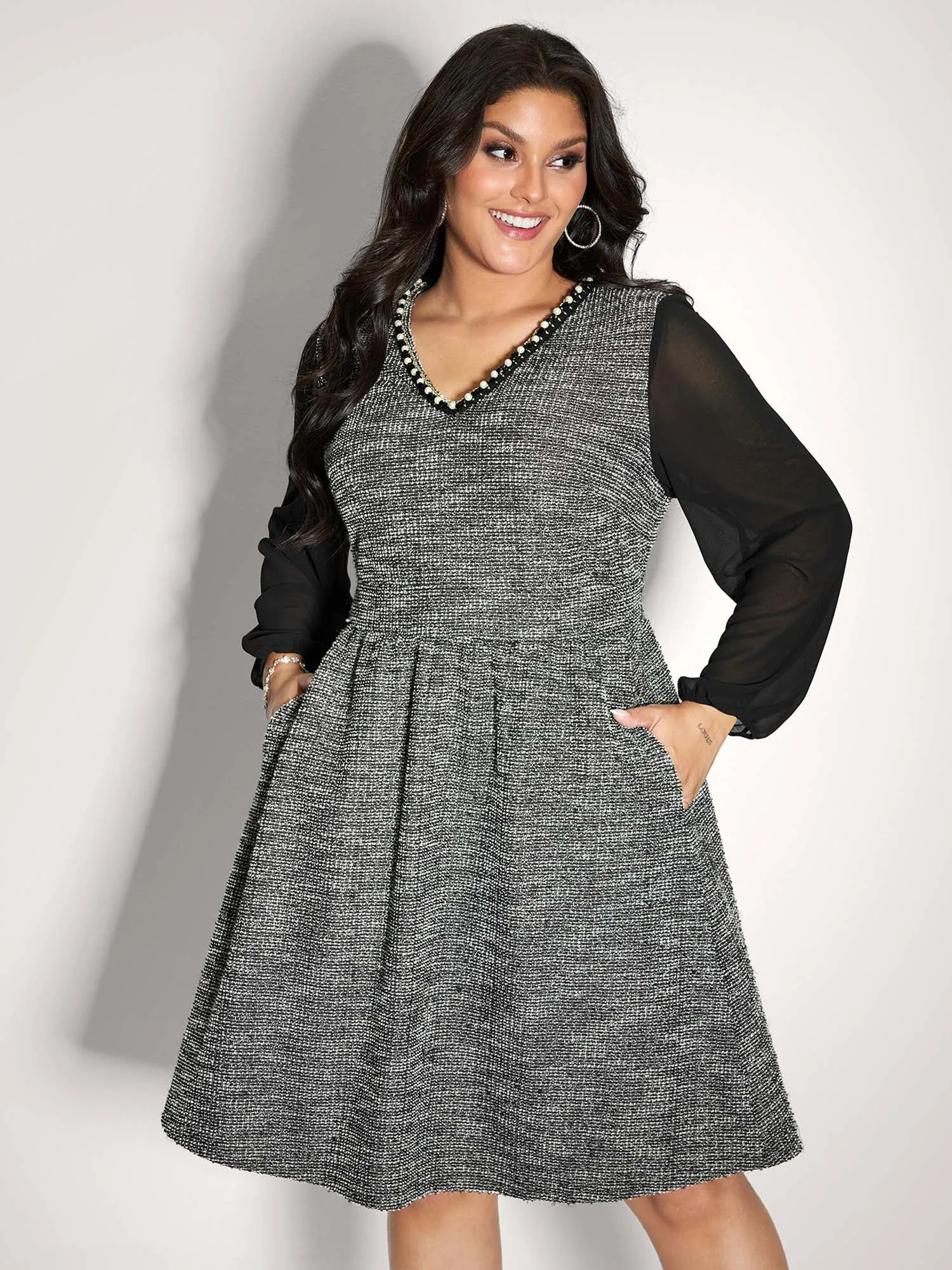 Tweed Pearl Collar Semi-Sheer Midi Dress sold by Bloomchic