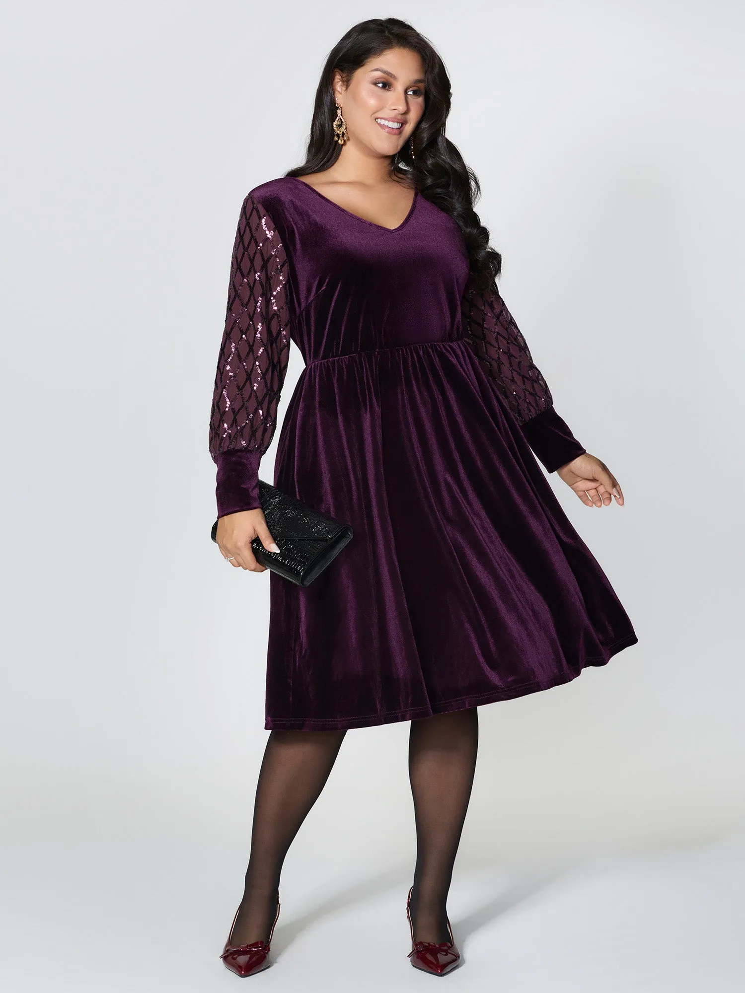 Velvet Sequin Sheer Sleeve Midi Dress sold by Bloomchic product image thumbnail 3