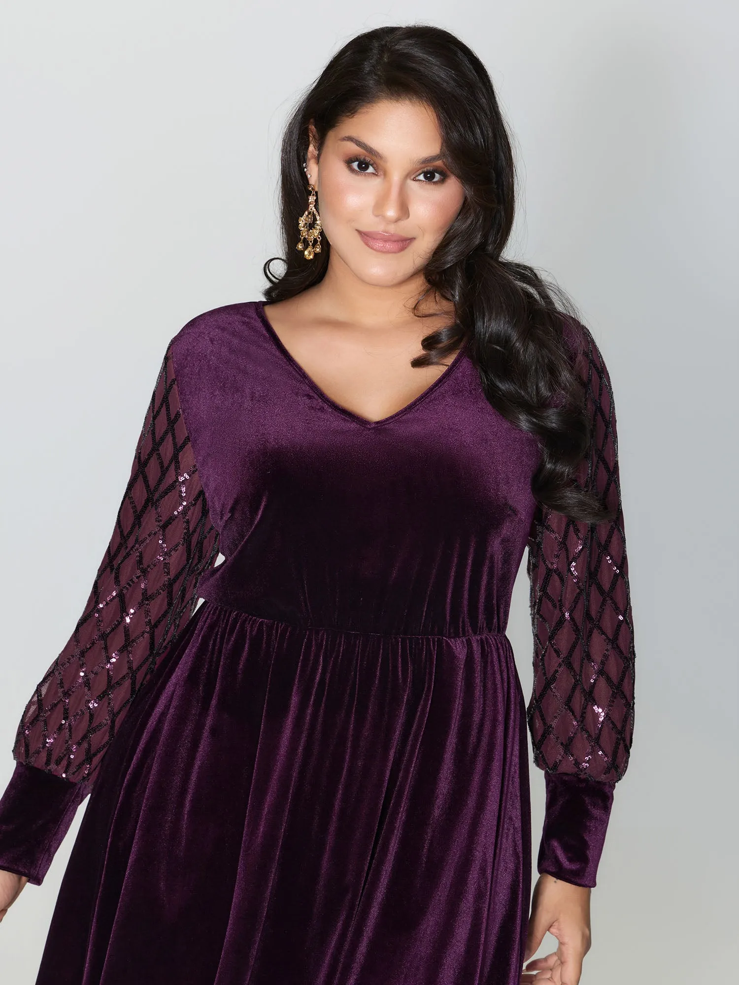 Velvet Sequin Sheer Sleeve Midi Dress sold by Bloomchic product image thumbnail 2