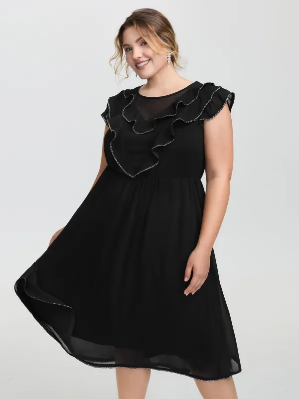 Sheer Rhinestone Chain Trim Ruffled Midi Dress sold by Bloomchic