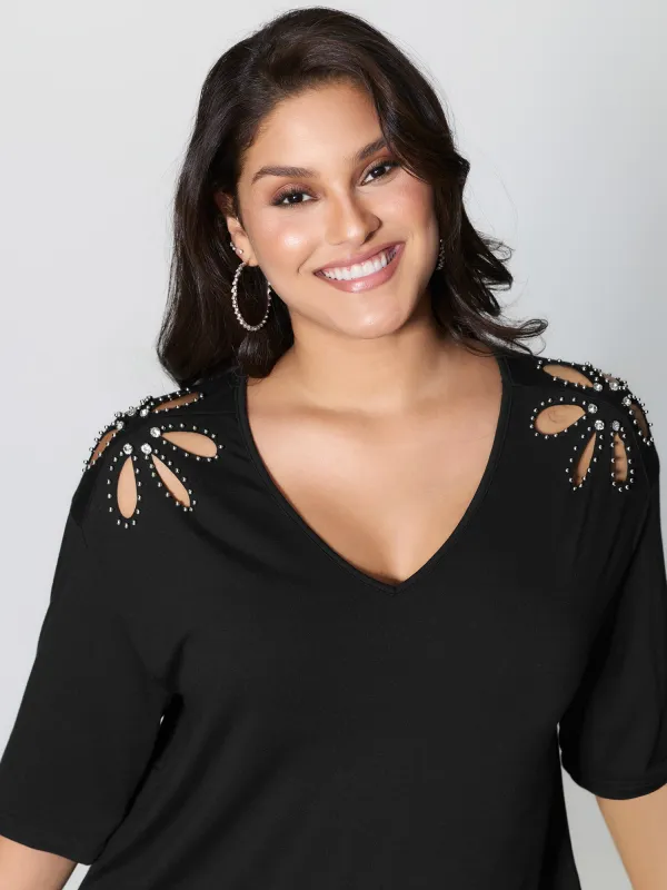Cut-Out Shoulder Beads T-Shirt sold by Bloomchic