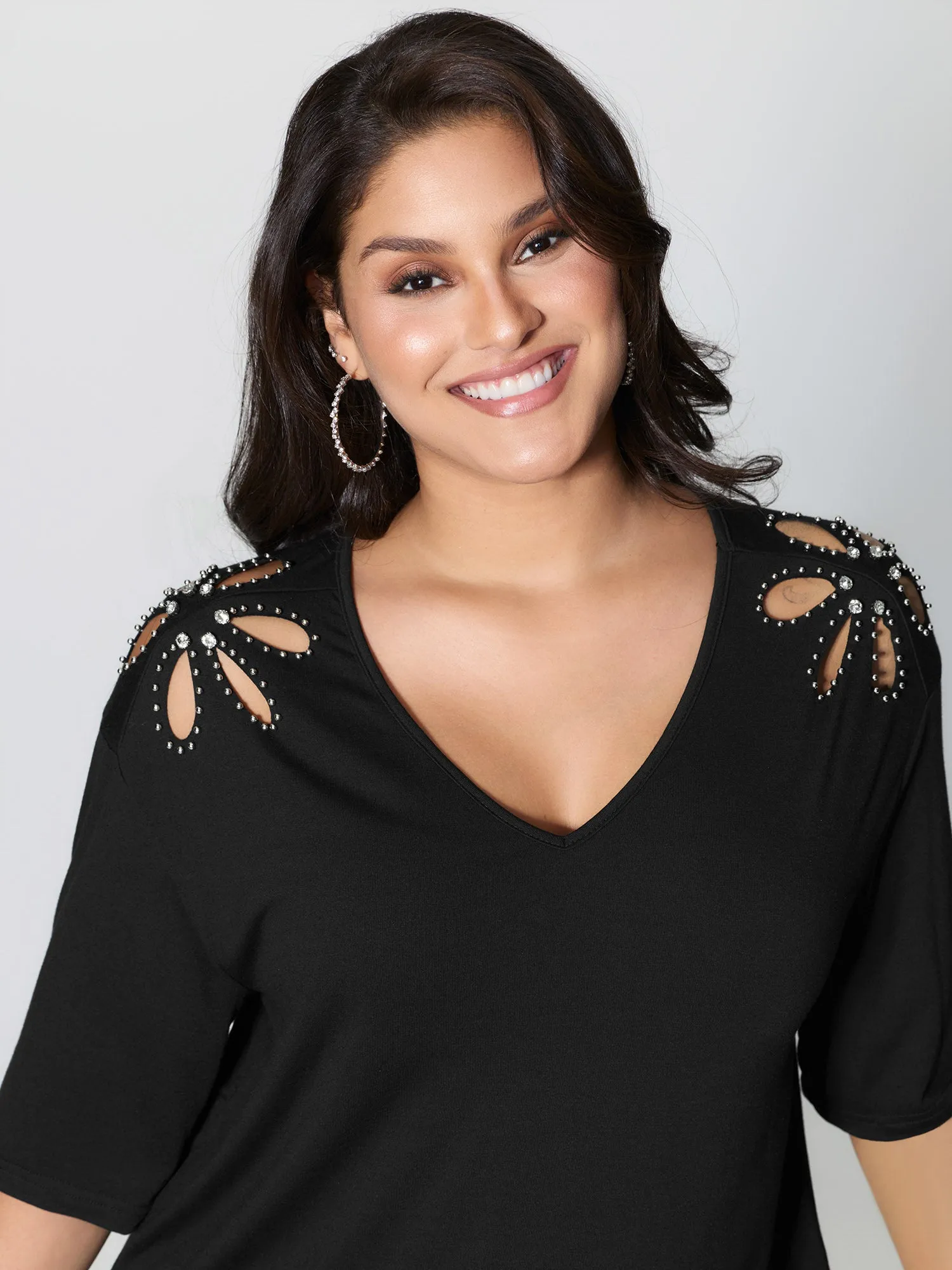 Cut-Out Shoulder Beads T-Shirt sold by Bloomchic