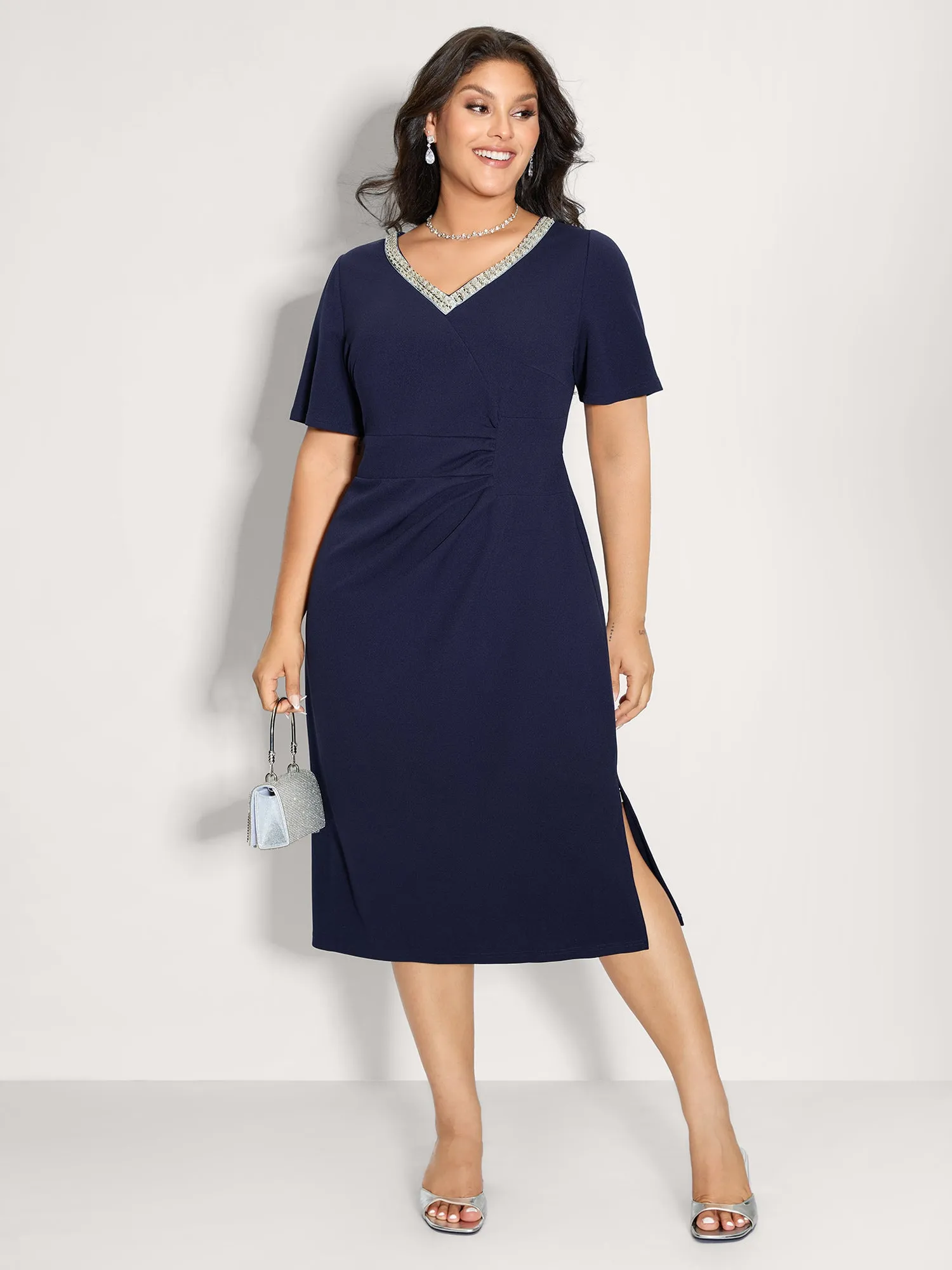 Pleated Tummy-Friendly Metal Detail Midi Dress sold by Bloomchic product image thumbnail 3