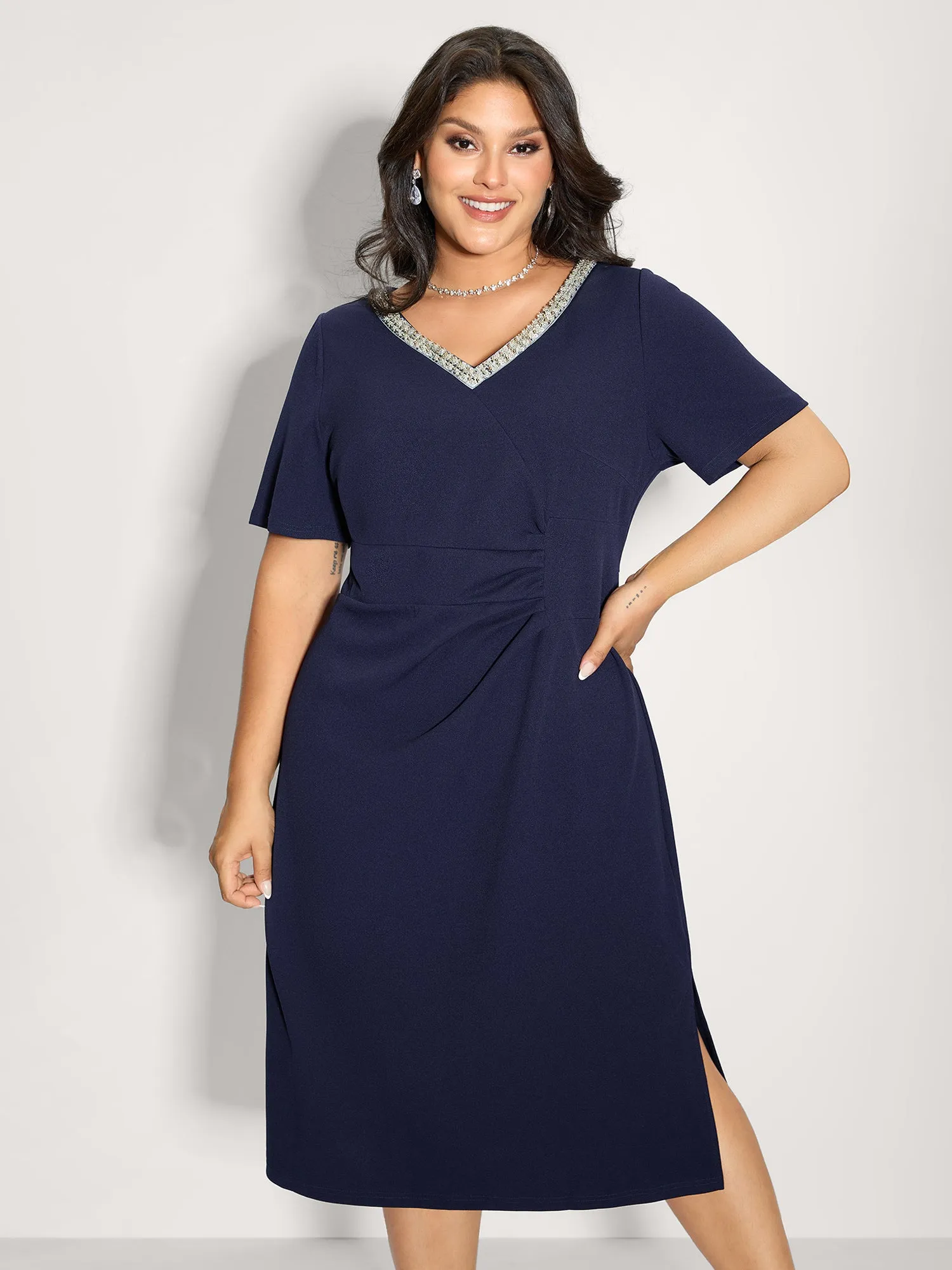 Pleated Tummy-Friendly Metal Detail Midi Dress sold by Bloomchic