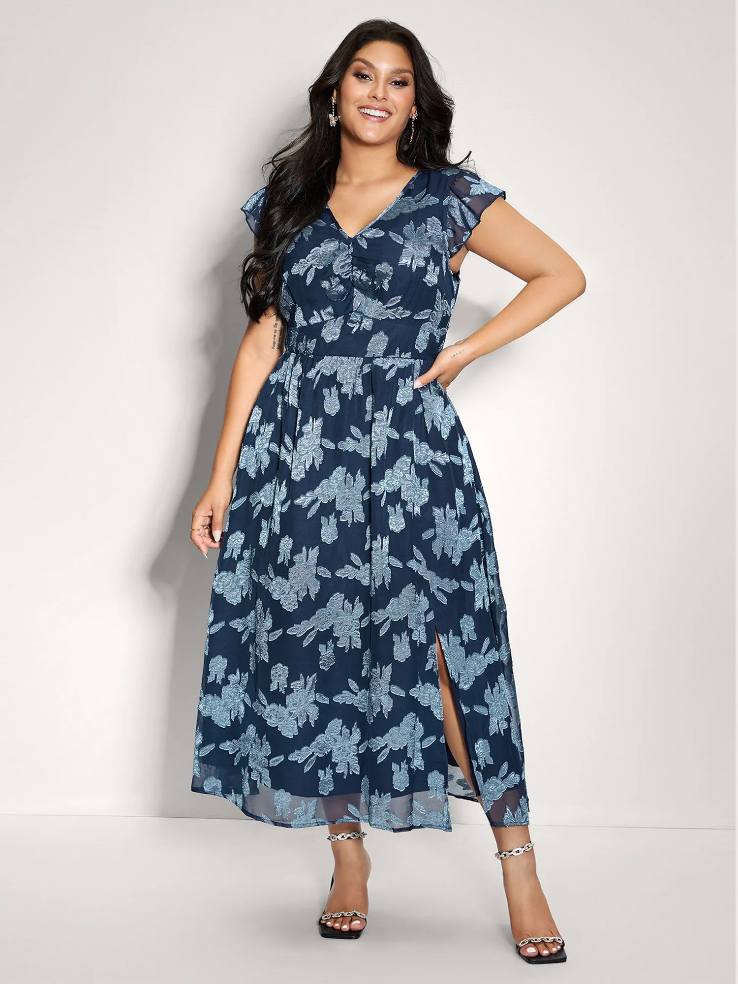 Geometrical Jacquard Textured Shirred Maxi Dress sold by Bloomchic