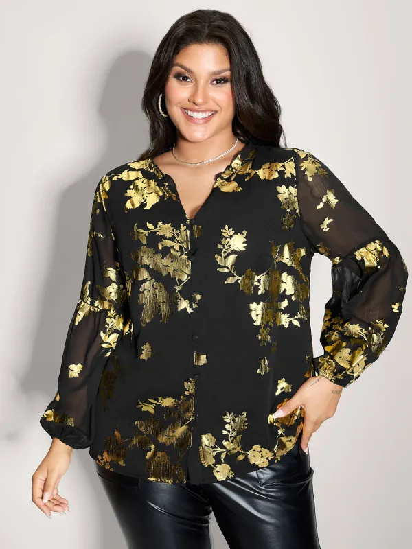 Floral Gold Stamp Sheer Button-Down Shirt sold by Bloomchic