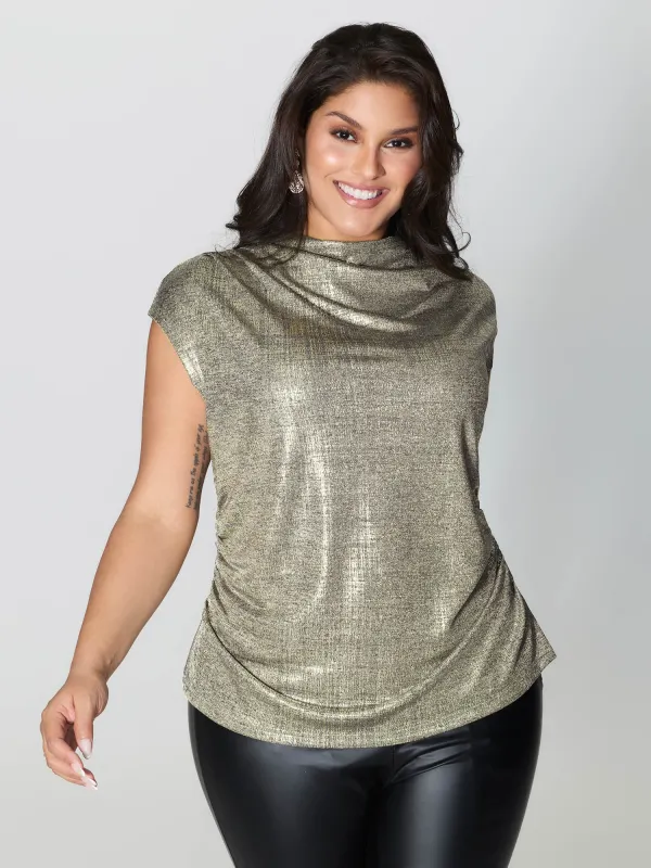 Gold Stamp Shimmery Cowl Neck Top sold by Bloomchic
