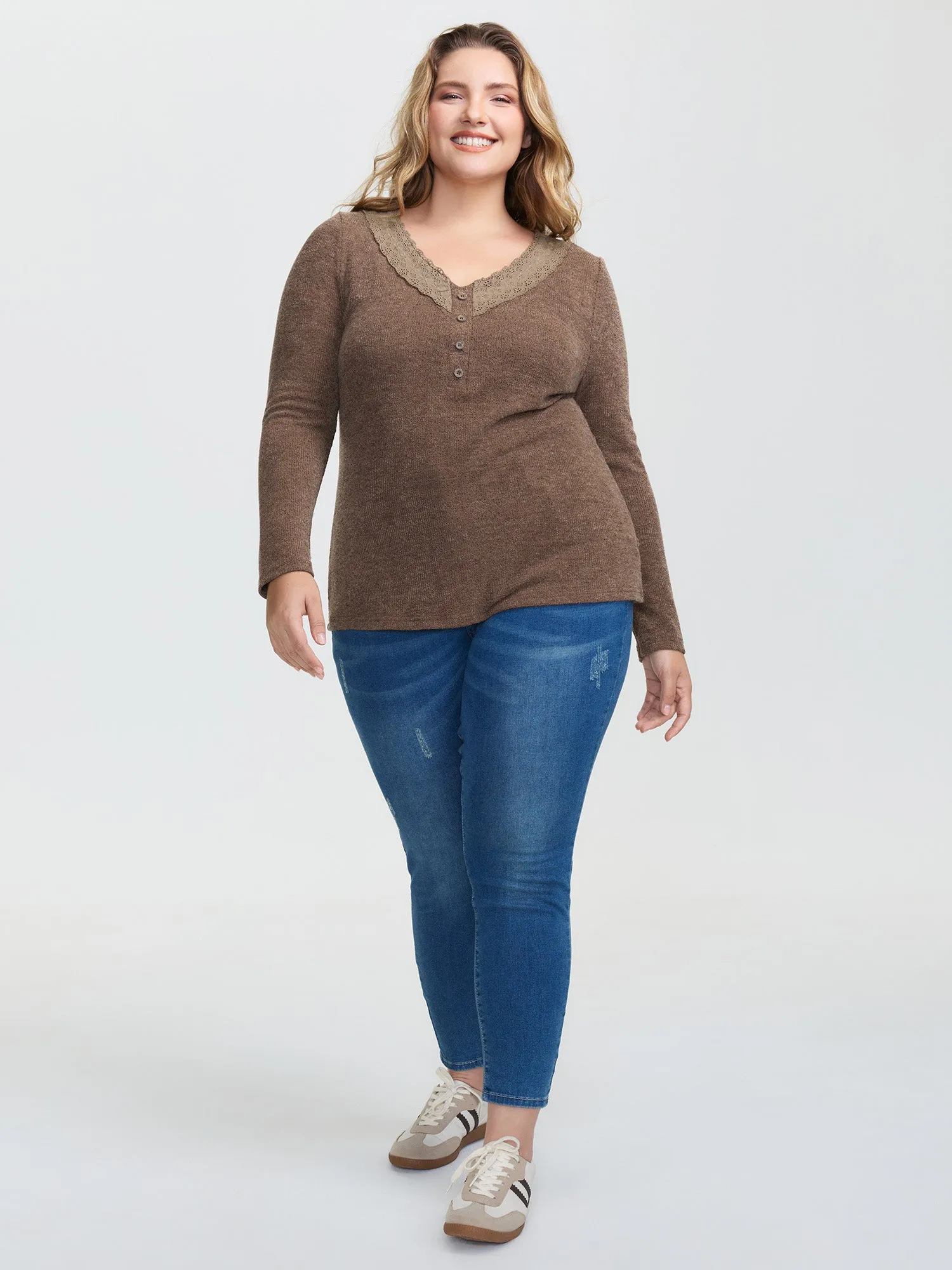 Lace Trim V-Neck Stretchy T-Shirt sold by Bloomchic product image thumbnail 4