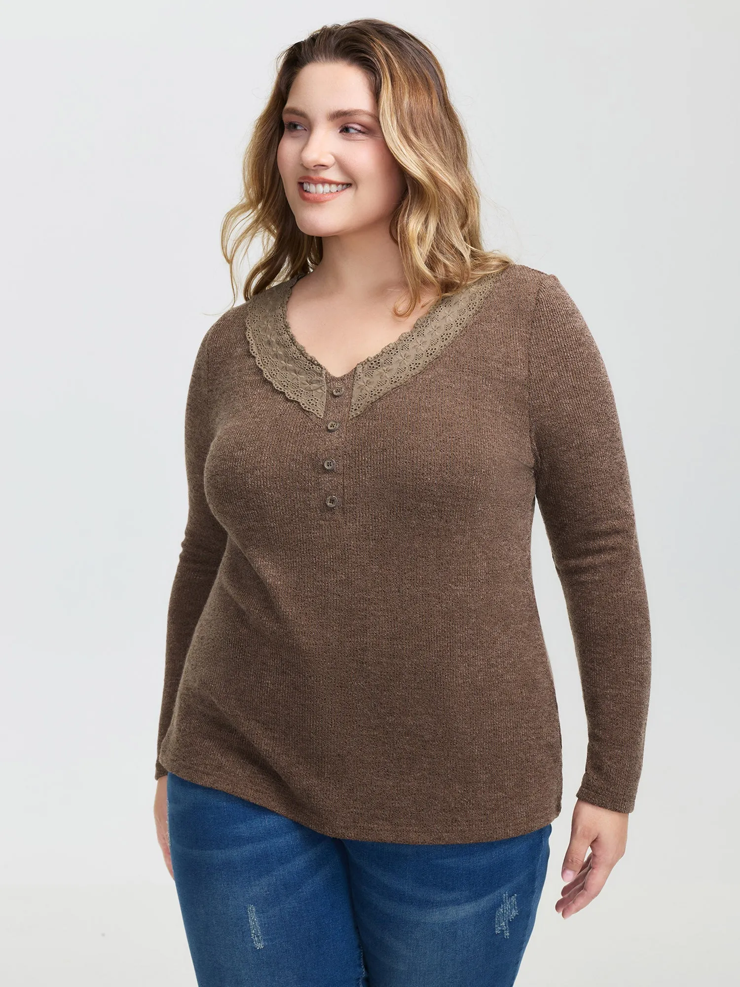 Lace Trim V-Neck Stretchy T-Shirt sold by Bloomchic