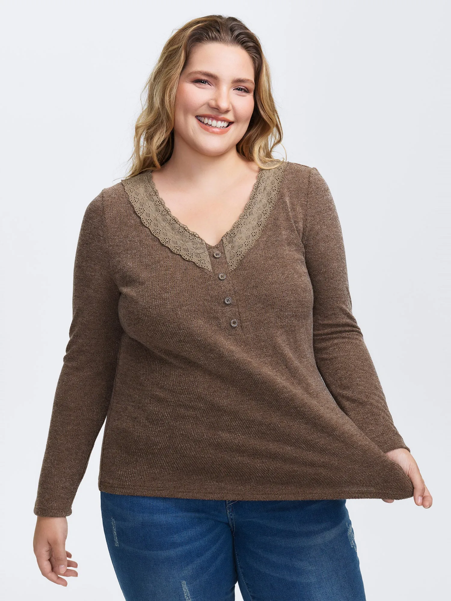 Lace Trim V-Neck Stretchy T-Shirt sold by Bloomchic product image thumbnail 3