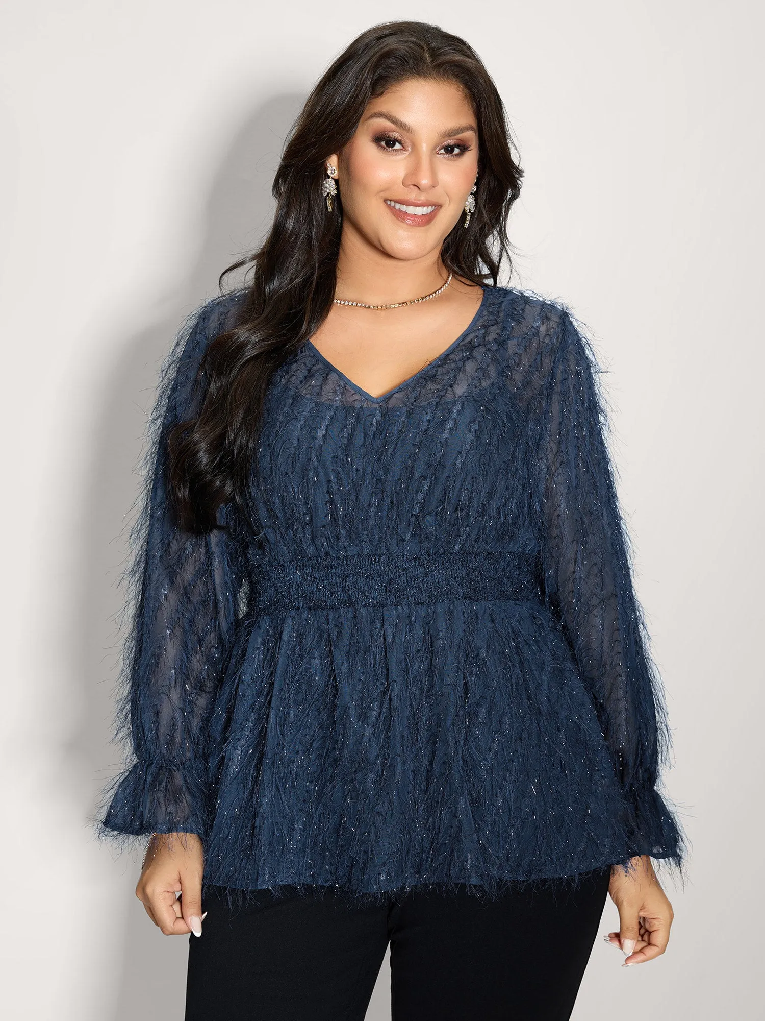 Textured Shirred Waist Sheer Blouse sold by Bloomchic