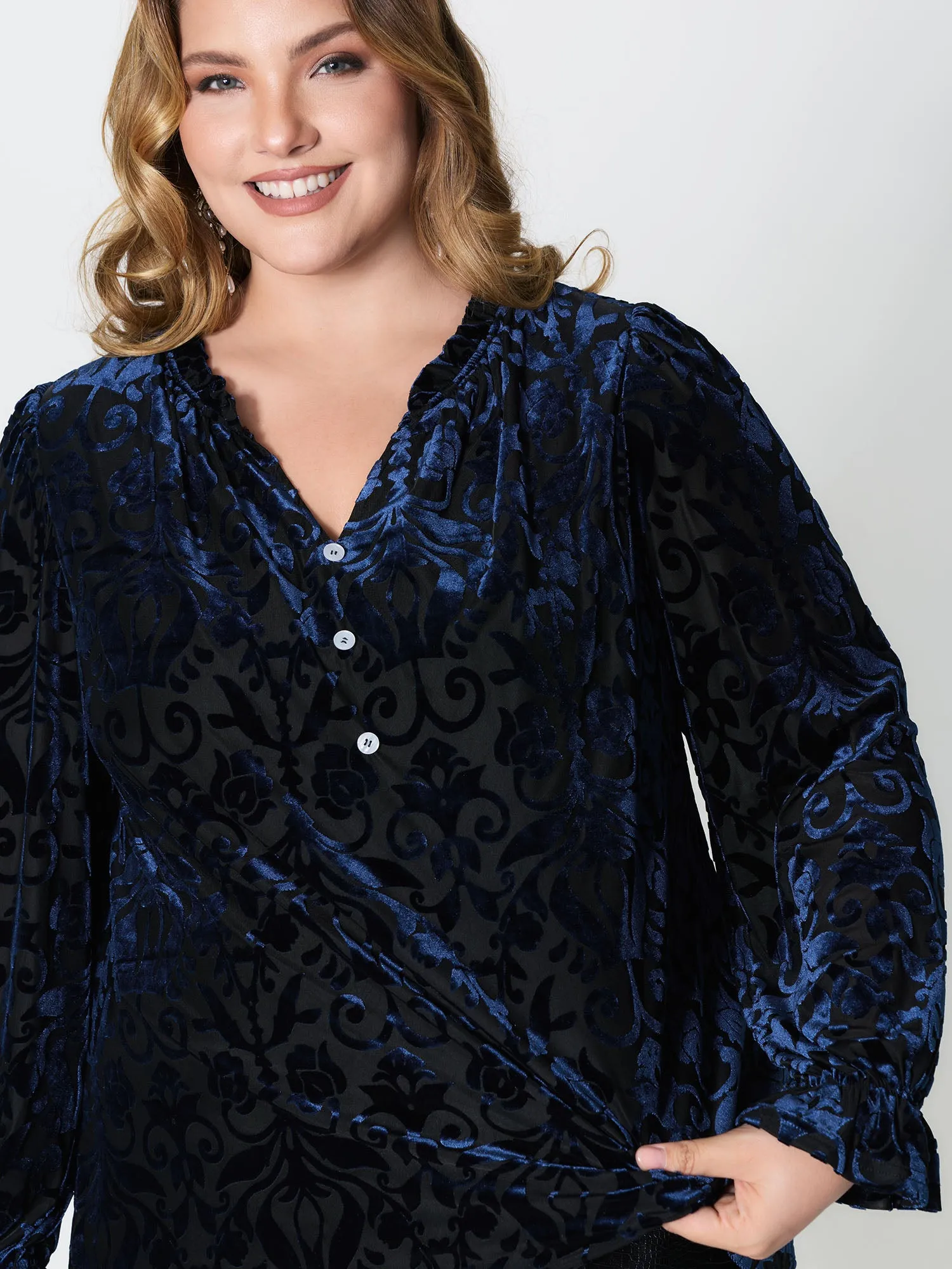 Flocked Semi-Stretch Button Blouse sold by Bloomchic product image thumbnail 4