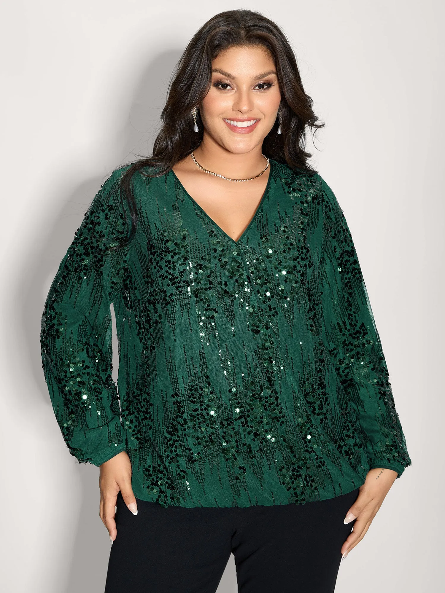Shimmery Sequin Wrap V-Neck Blouse sold by Bloomchic
